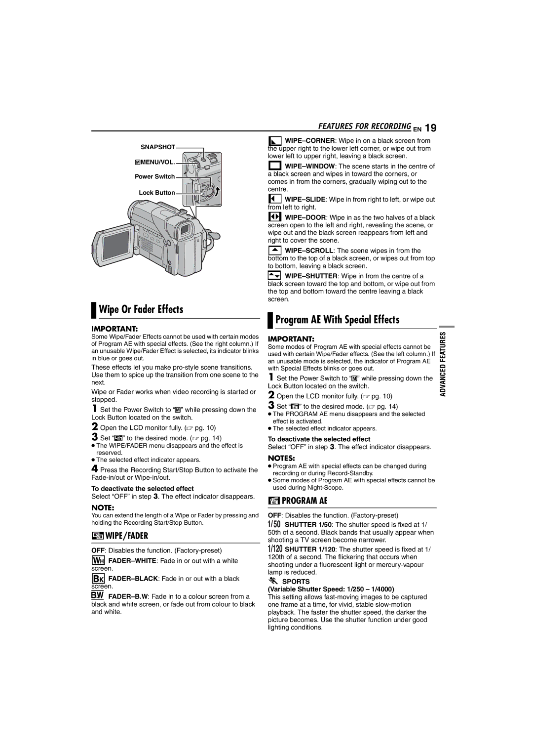 JVC GR-D47 manual Wipe Or Fader Effects, Program AE With Special Effects, To deactivate the selected effect 