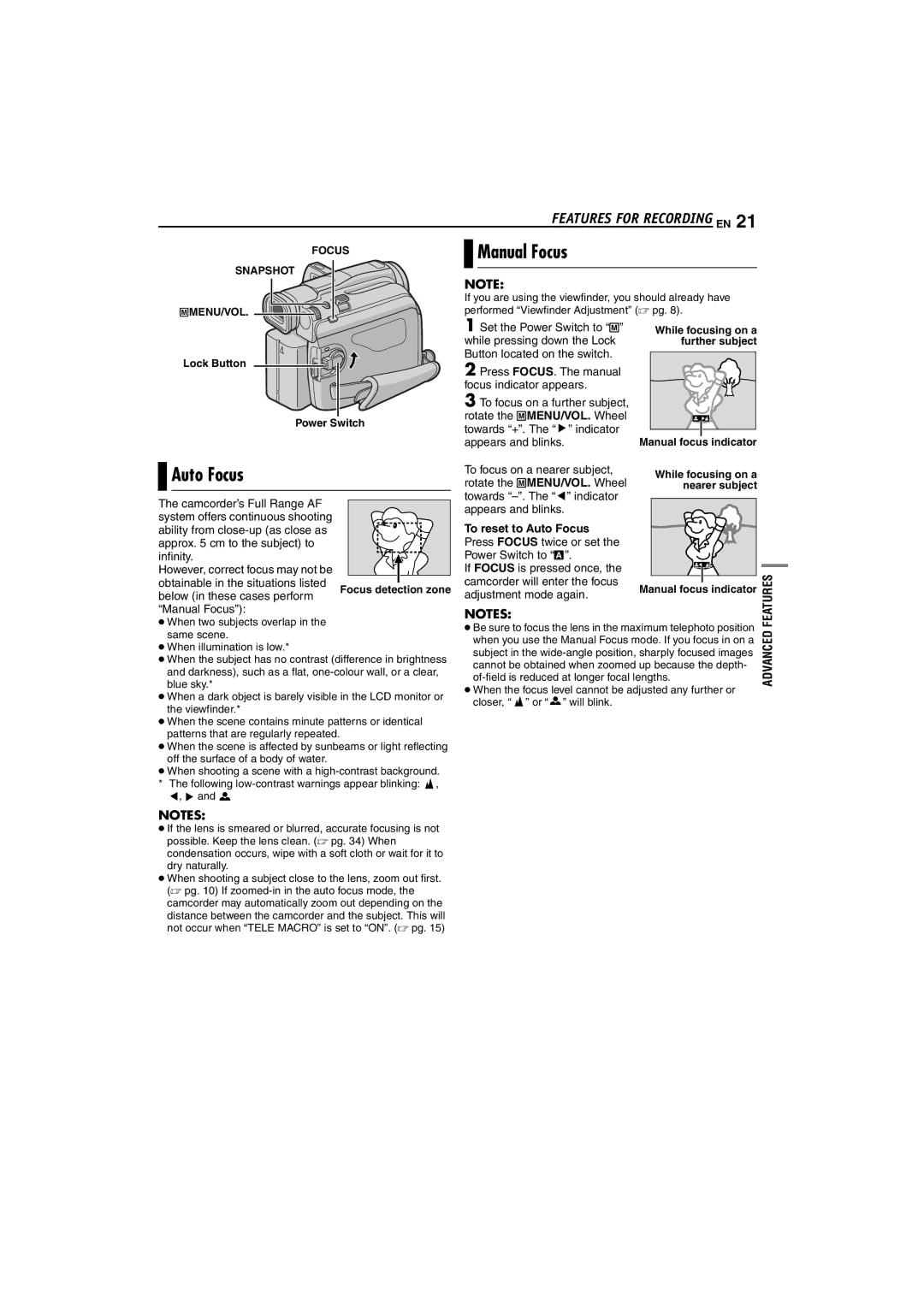 JVC GR-D47 manual Manual Focus, Auto Focus 