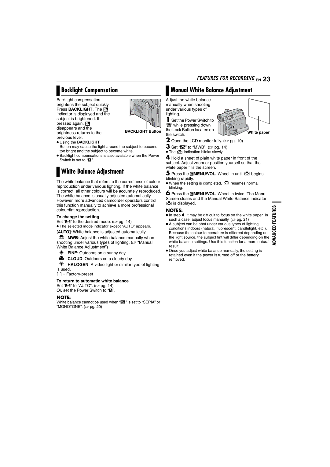 JVC GR-D47 manual Backlight Compensation, Manual White Balance Adjustment 