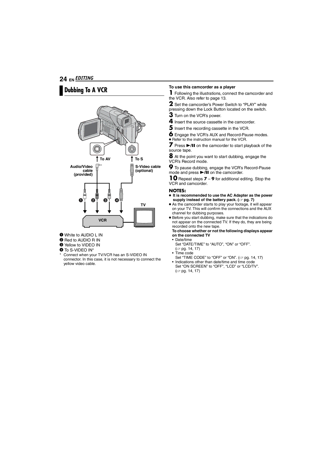 JVC GR-D47 manual Dubbing To a VCR, EN Editing, To use this camcorder as a player 