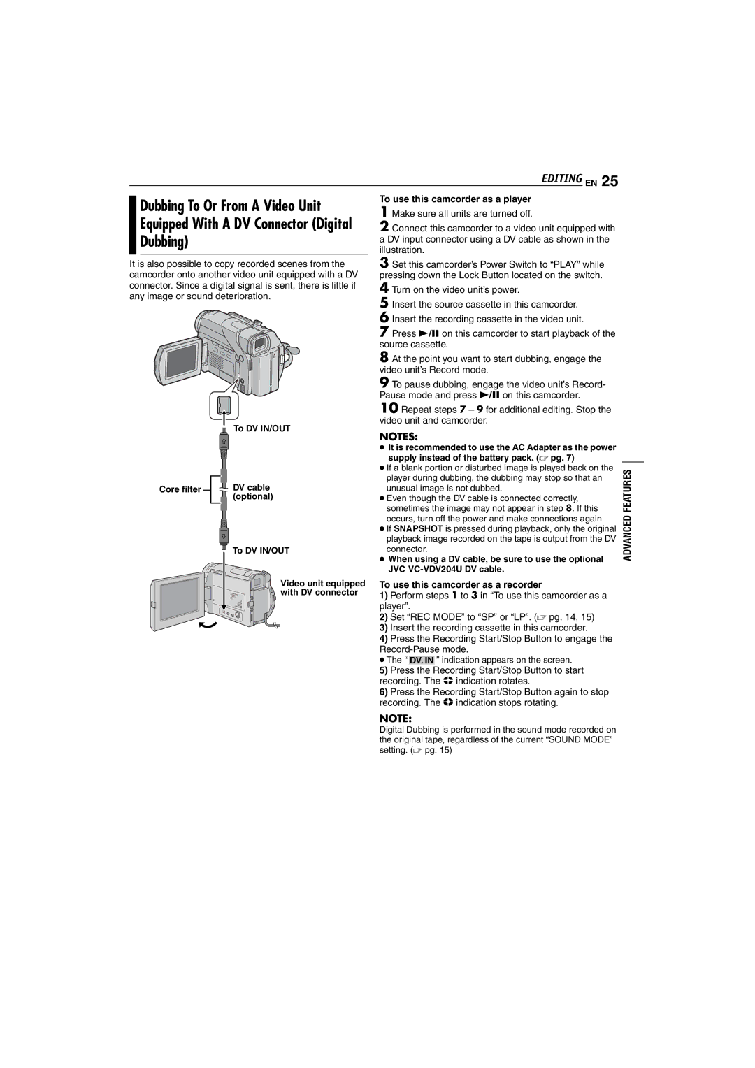 JVC GR-D47 Dubbing To Or From a Video Unit, Equipped With a DV Connector Digital, To use this camcorder as a recorder 