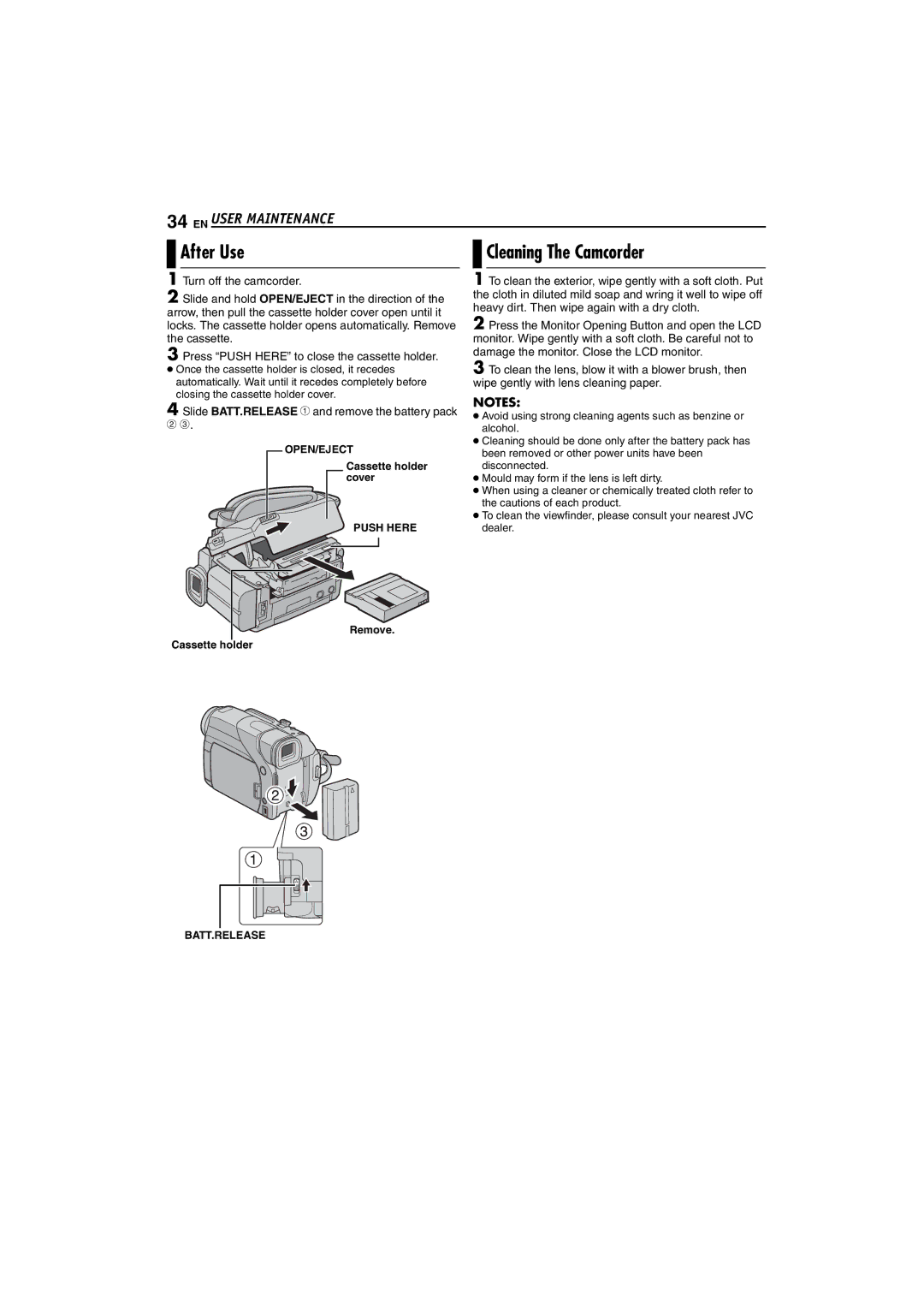 JVC GR-D47 manual After Use, Cleaning The Camcorder, EN User Maintenance, Slide BATT.RELEASE 1 and remove the battery pack 