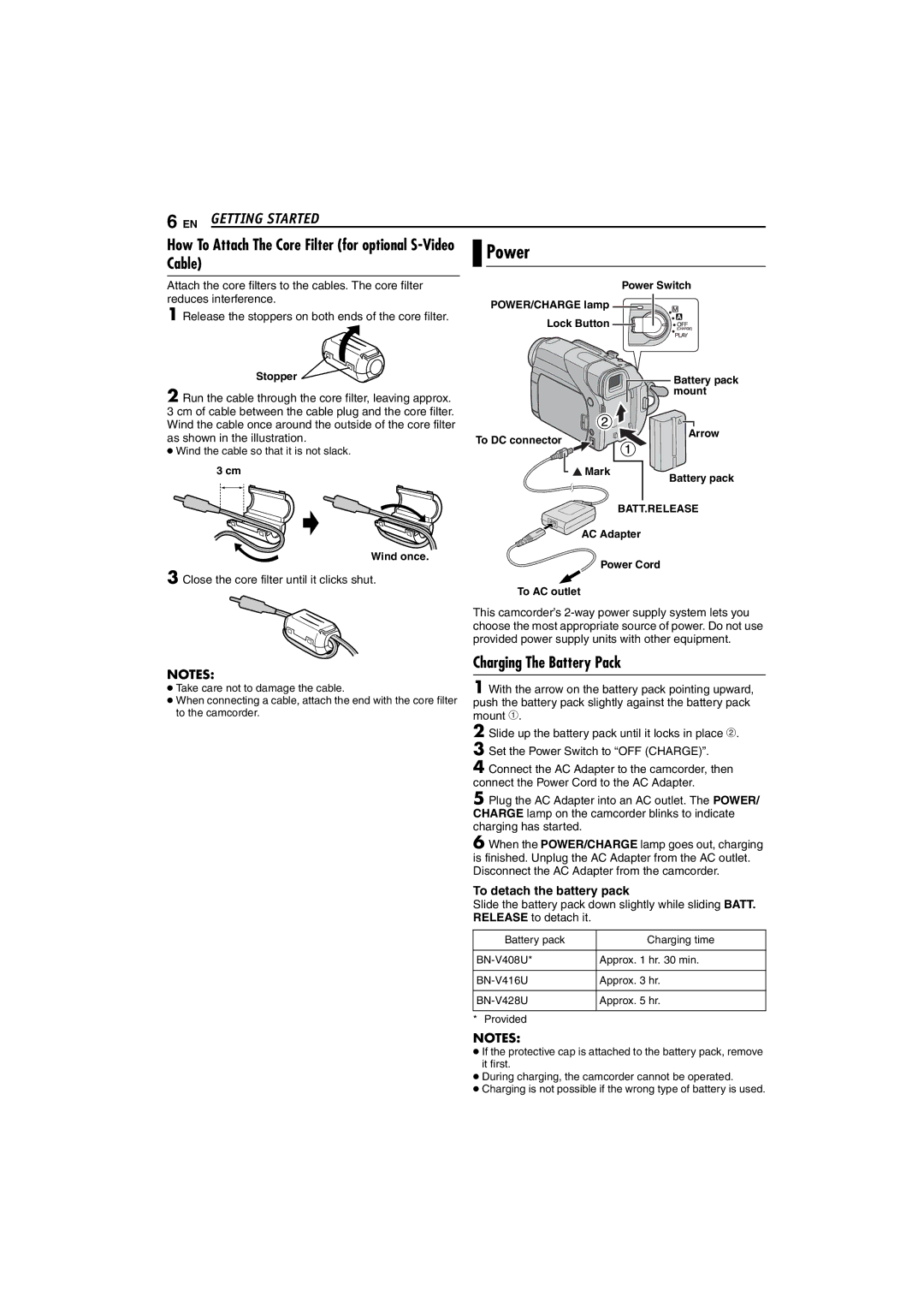 JVC GR-D47 Power, EN Getting Started, How To Attach The Core Filter for optional S-Video Cable, Charging The Battery Pack 