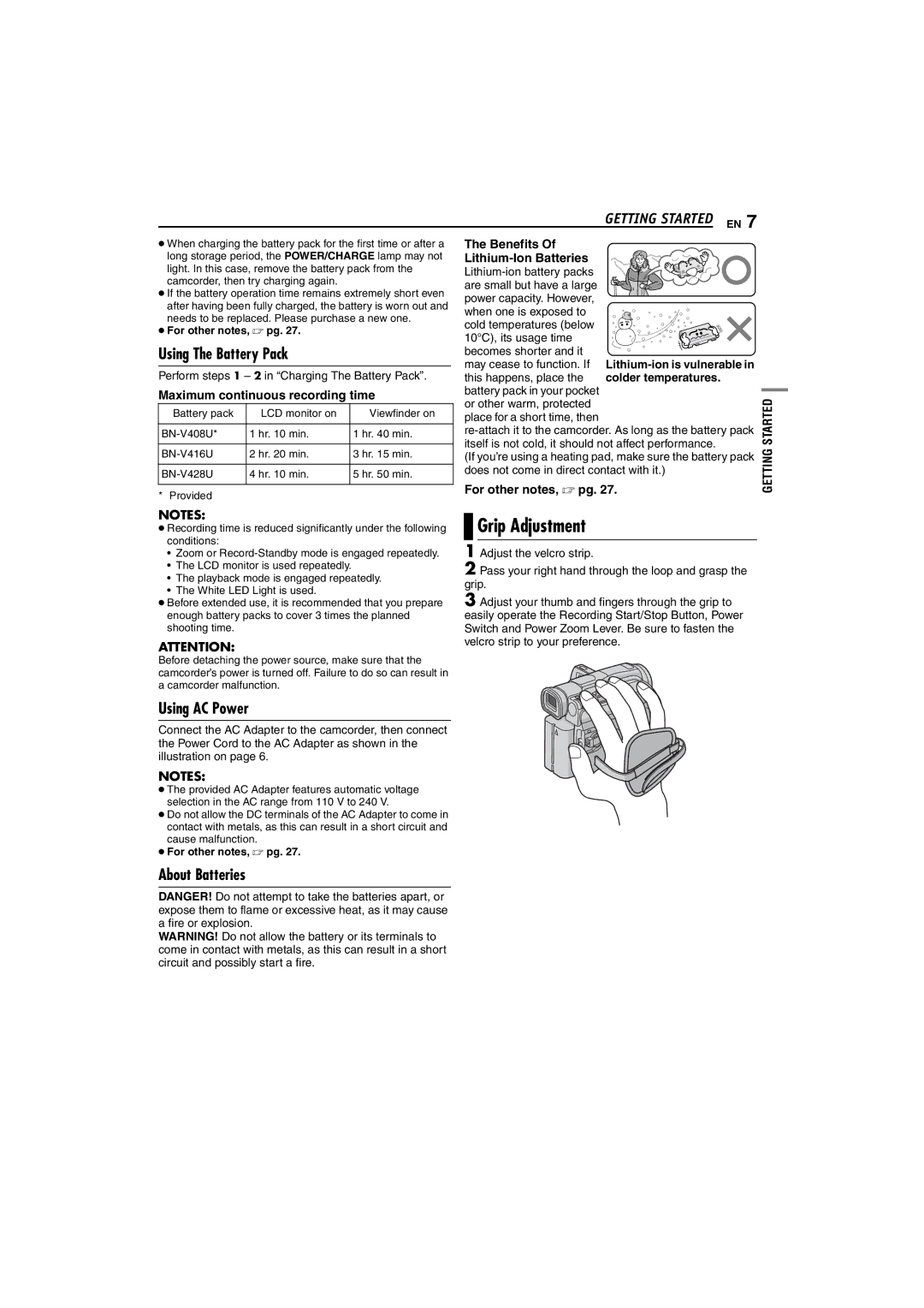 JVC GR-D47 manual Using The Battery Pack, Grip Adjustment, Using AC Power, About Batteries 