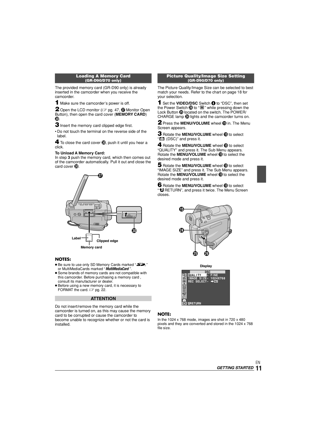 JVC GR-D90, GR-D70 Loading a Memory Card Picture Quality/Image Size Setting, To Unload a Memory Card, Display 