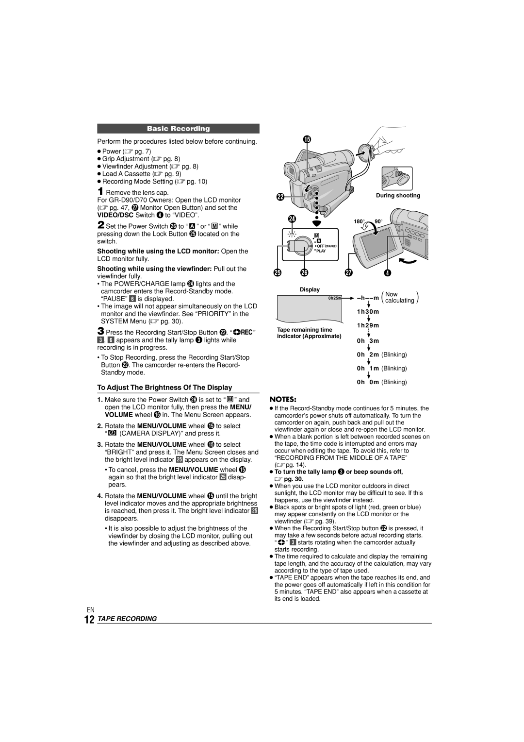 JVC GR-D70, GR-D90 instruction manual Basic Recording, To Adjust The Brightness Of The Display, Tape Recording 