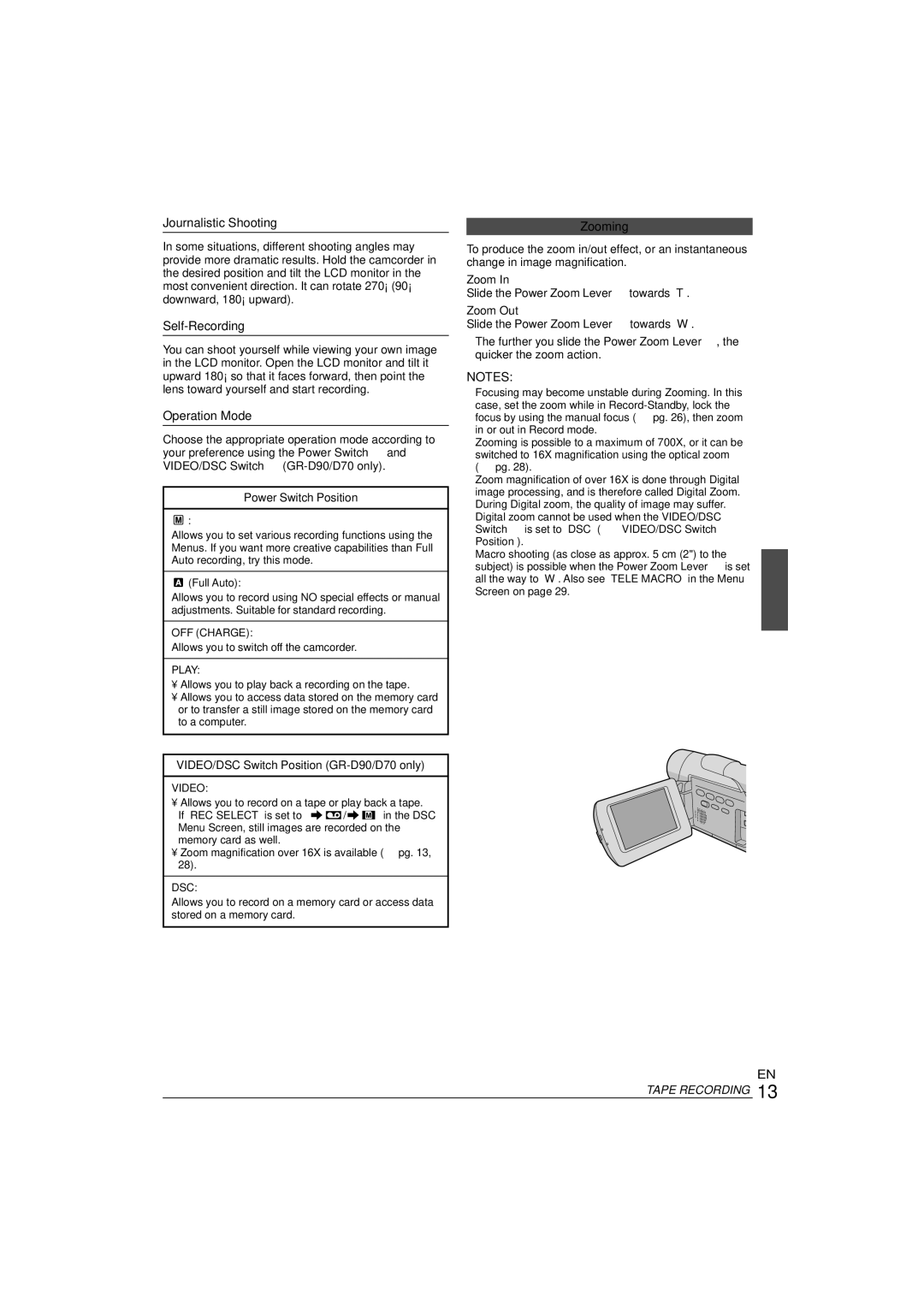 JVC GR-D90, GR-D70 instruction manual Journalistic Shooting, Self-Recording, Operation Mode, Zooming, Power-Linked Operation 