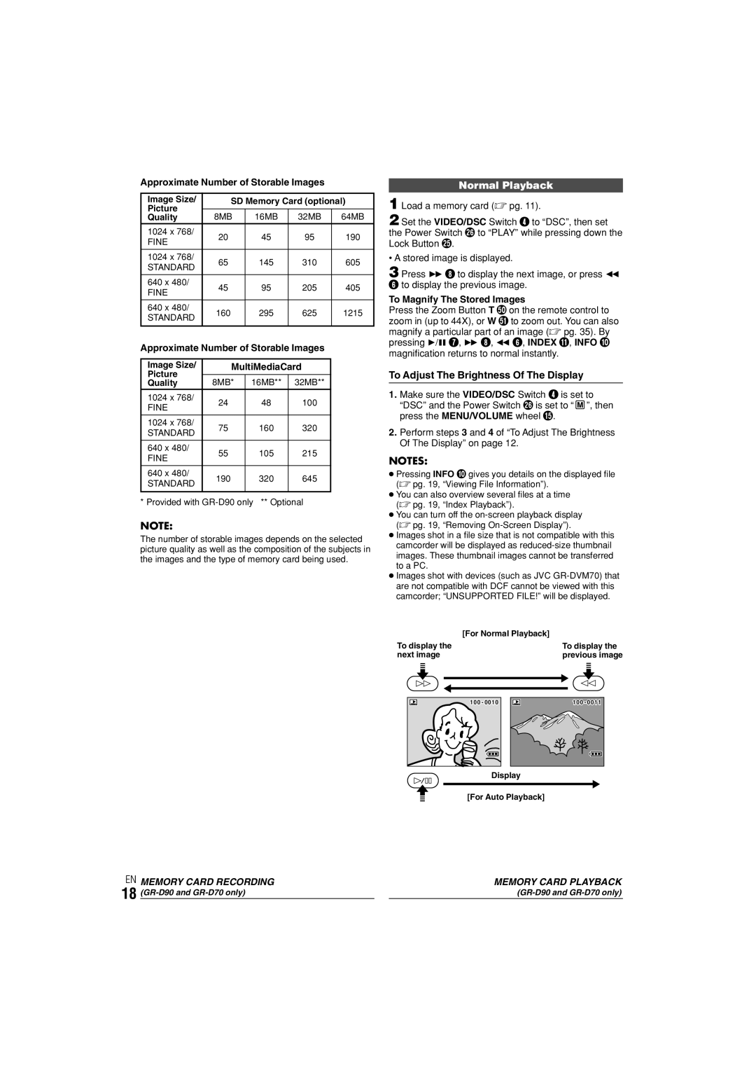 JVC GR-D70 Approximate Number of Storable Images, MultiMediaCard, To Magnify The Stored Images, EN Memory Card Recording 