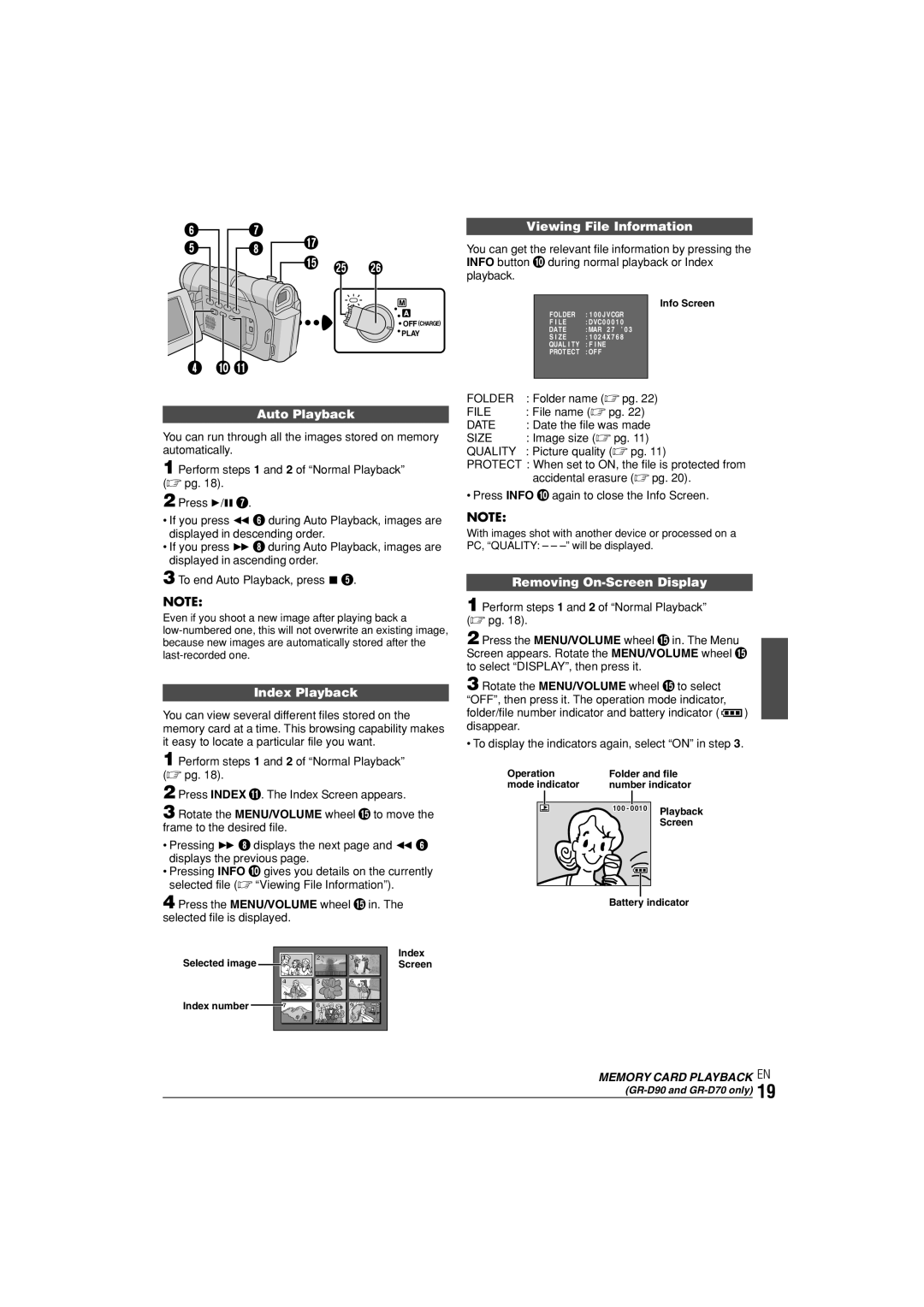 JVC GR-D90 Auto Playback, Viewing File Information, Index Playback, Removing On-Screen Display, Memory Card Playback EN 