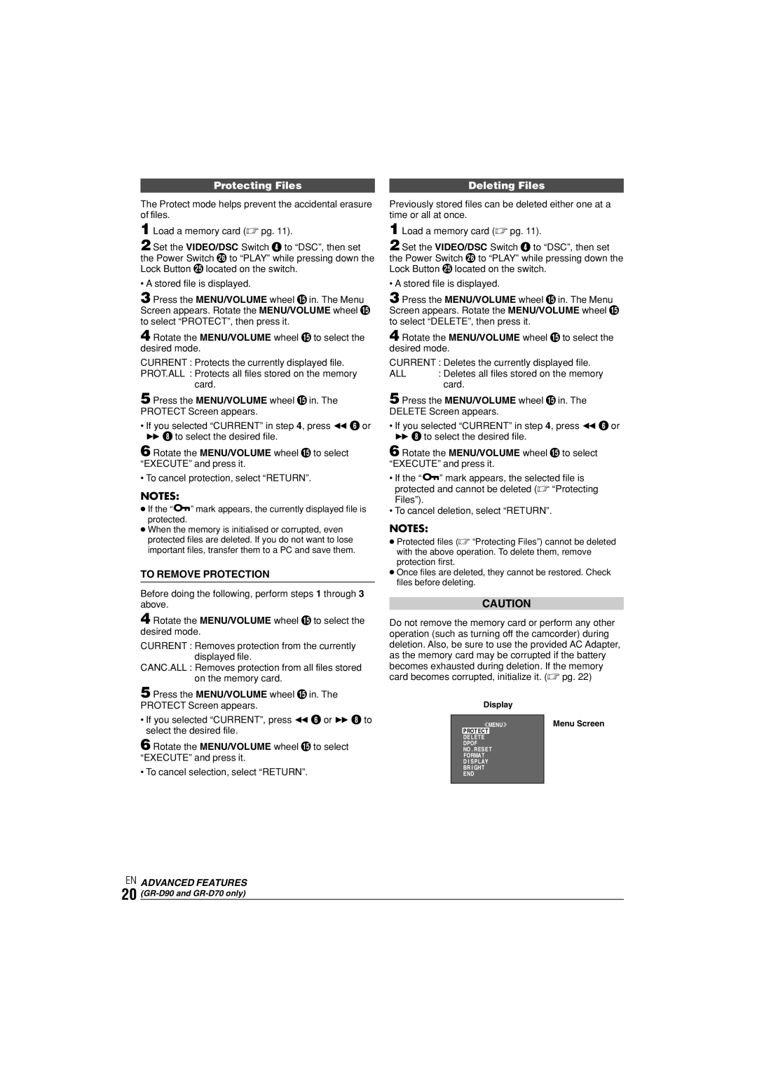 JVC GR-D70, GR-D90 instruction manual Protecting Files Deleting Files, To Remove Protection, EN Advanced Features 