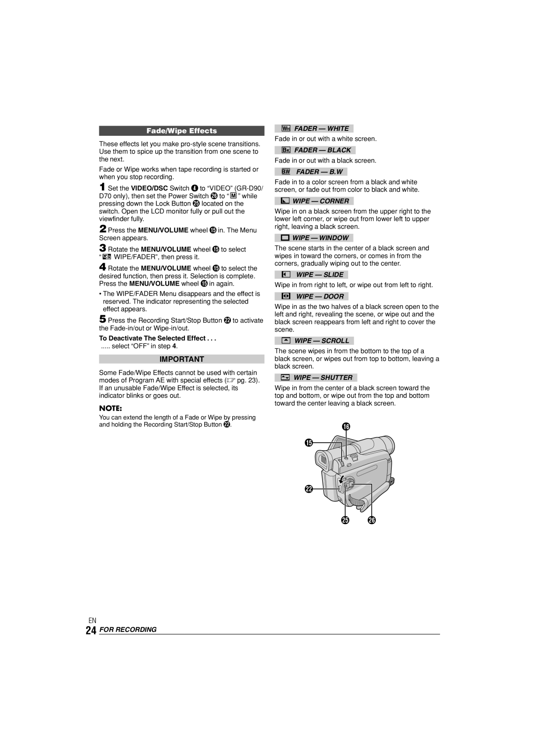 JVC GR-D70, GR-D90 instruction manual Fade/Wipe Effects 