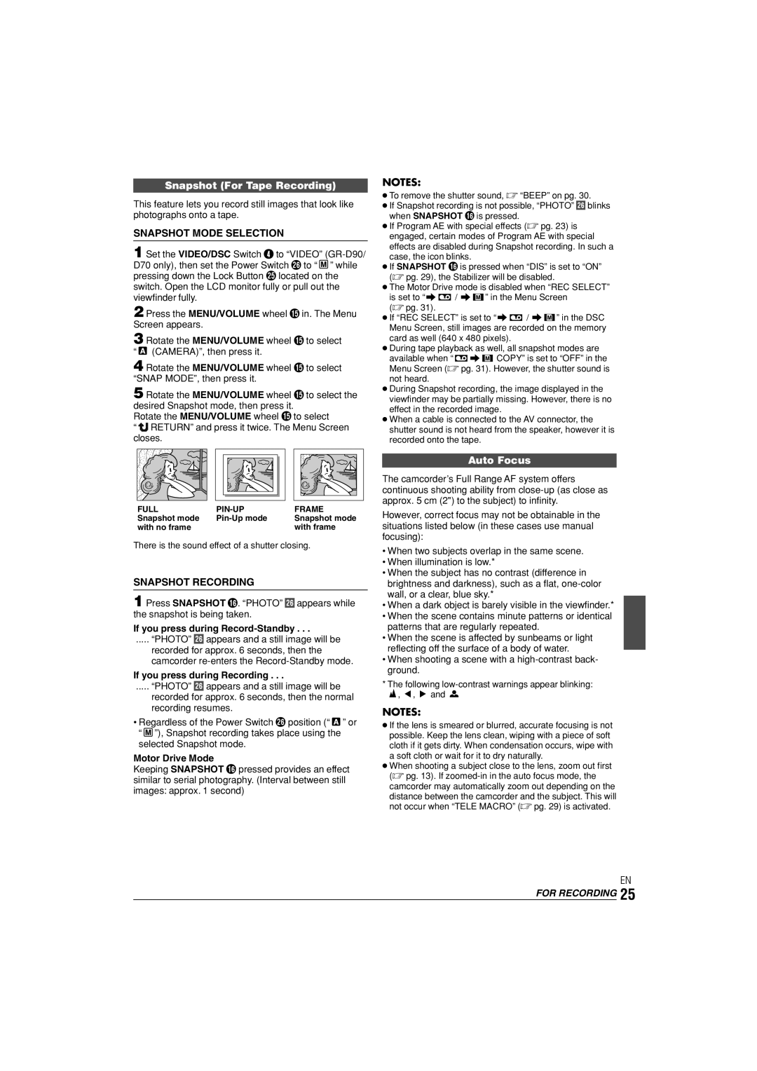 JVC GR-D90, GR-D70 instruction manual Snapshot For Tape Recording, Snapshot Mode Selection, Snapshot Recording, Auto Focus 