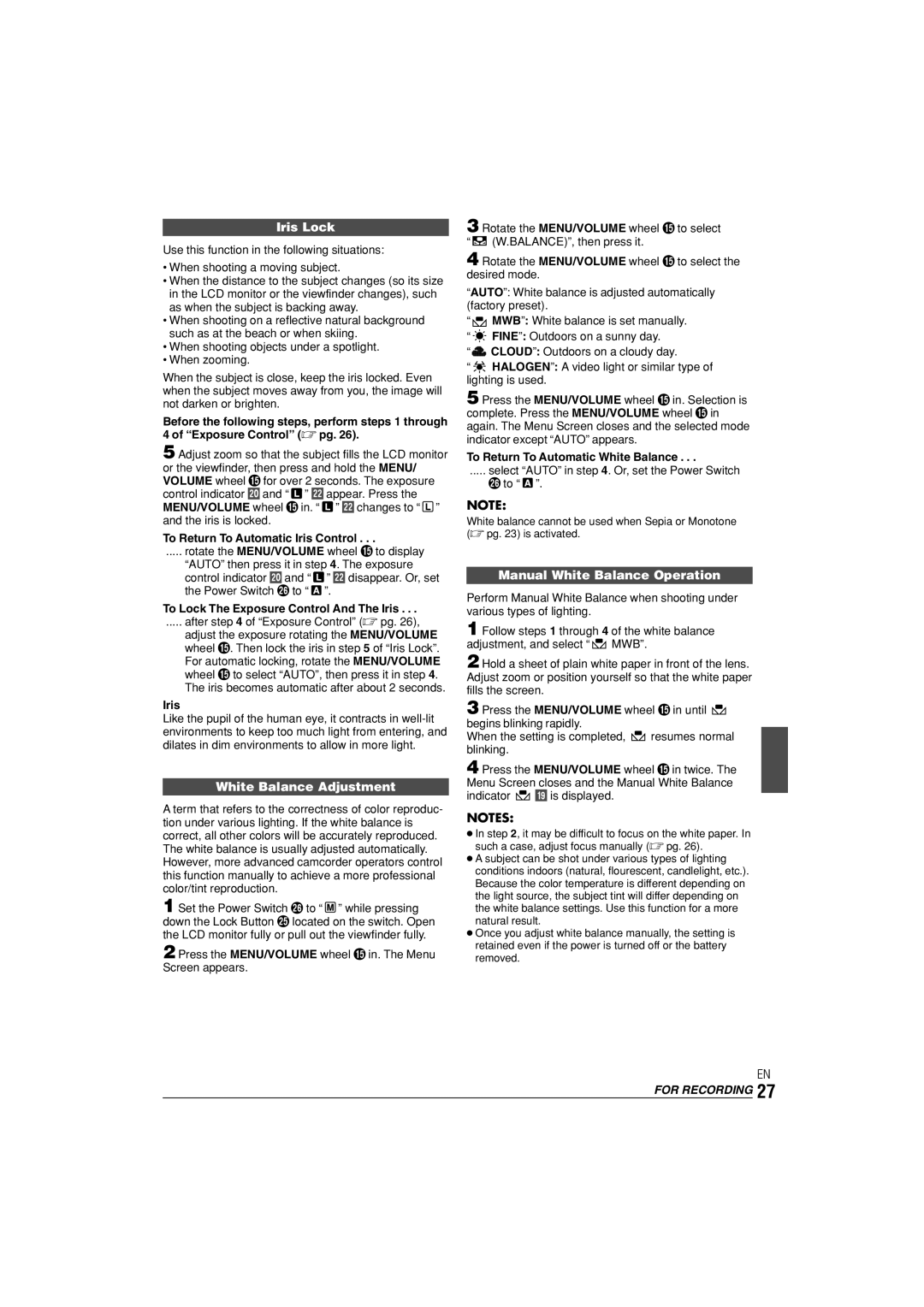 JVC GR-D90, GR-D70 instruction manual Iris Lock, White Balance Adjustment, Manual White Balance Operation 