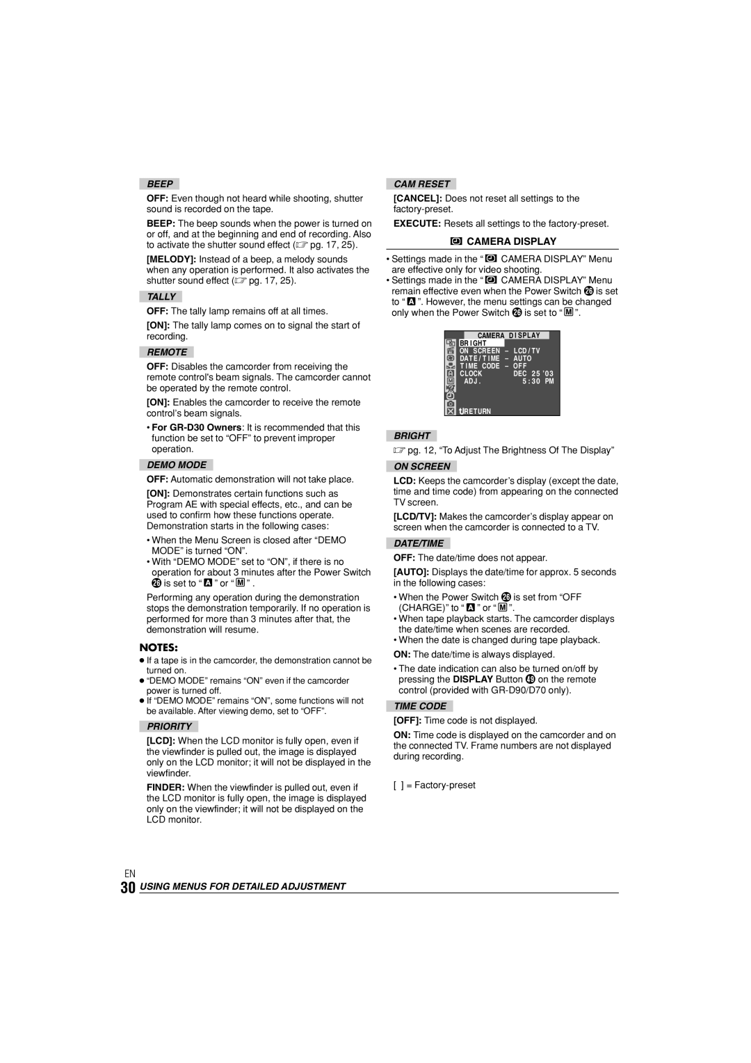 JVC GR-D70, GR-D90 instruction manual Camera Display 