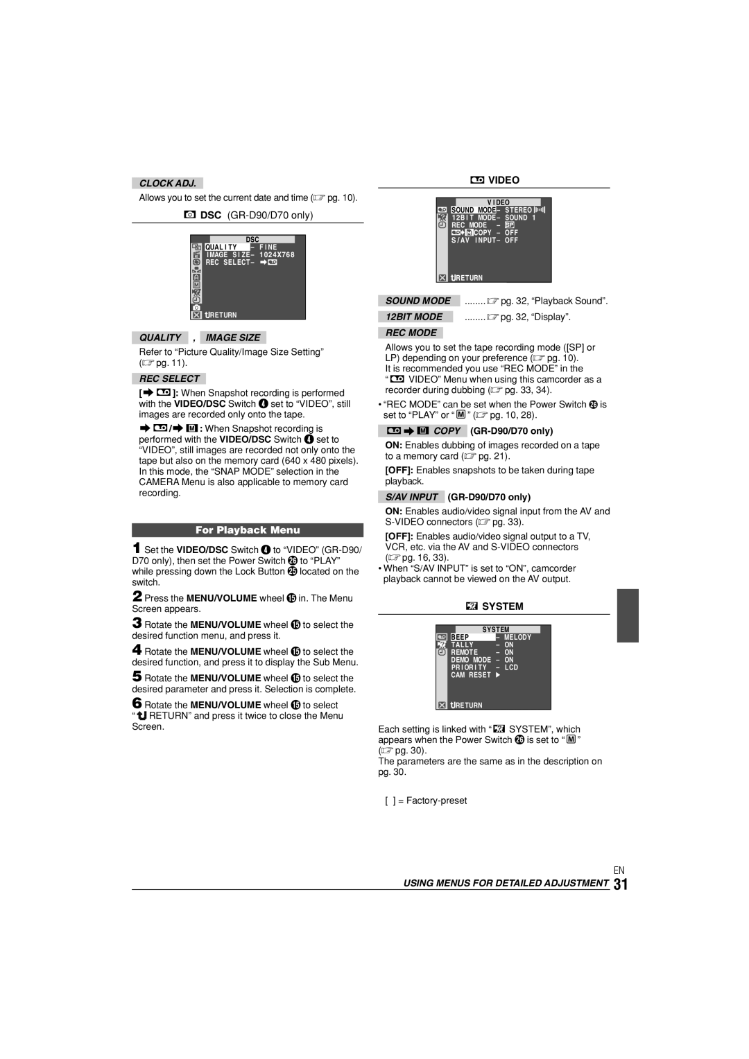 JVC GR-D90, GR-D70 instruction manual For Playback Menu, Video, Clock ADJ, Quality , Image Size, REC Select 