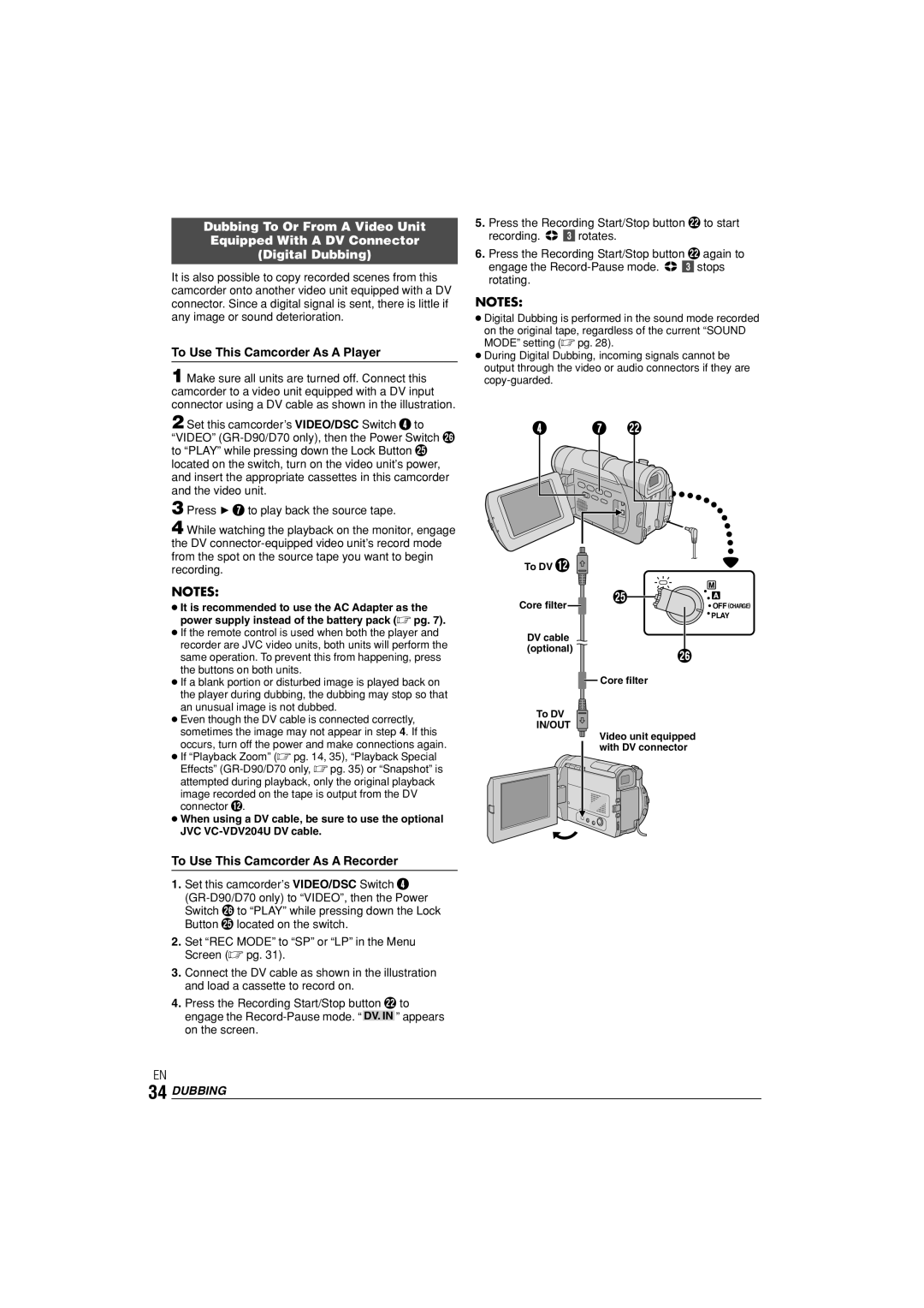 JVC GR-D70, GR-D90 instruction manual To DV @ Core filter, DV cable Optional Core filter To DV 