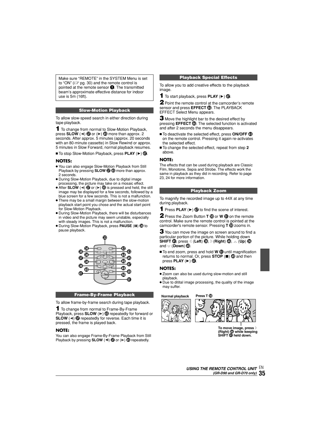 JVC GR-D90, GR-D70 instruction manual Slow-Motion Playback, Frame-By-Frame Playback, Playback Special Effects, Playback Zoom 