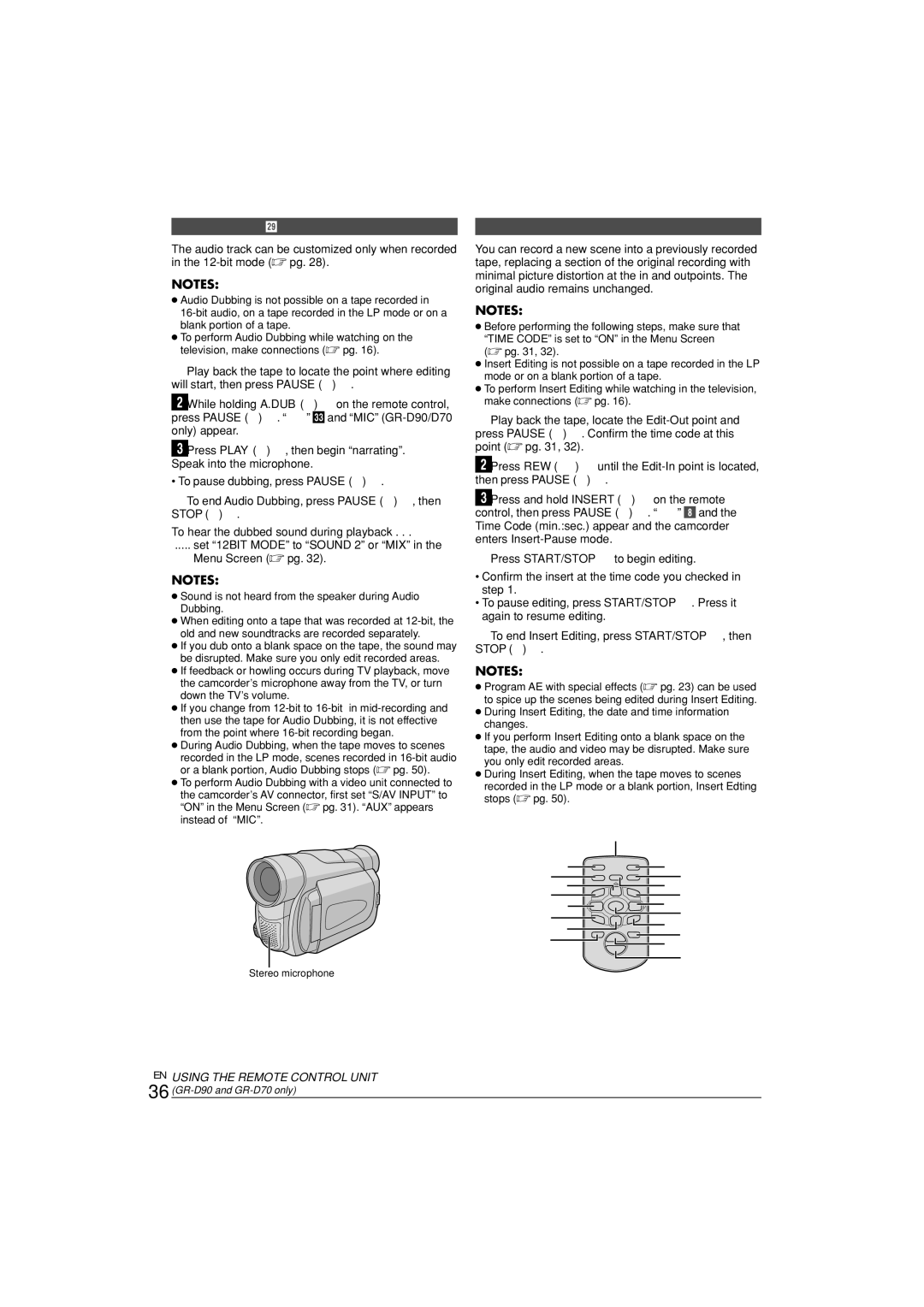 JVC GR-D70 Audio Dubbing, Insert Editing, To hear the dubbed sound during playback, EN Using the Remote Control Unit 