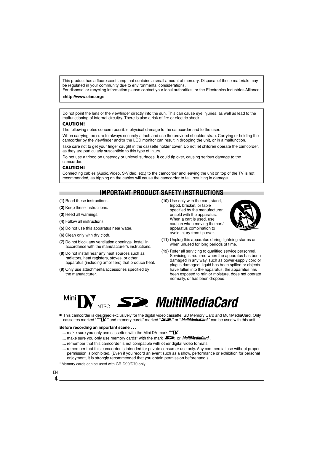 JVC GR-D70, GR-D90 instruction manual Important Product Safety Instructions, Before recording an important scene 