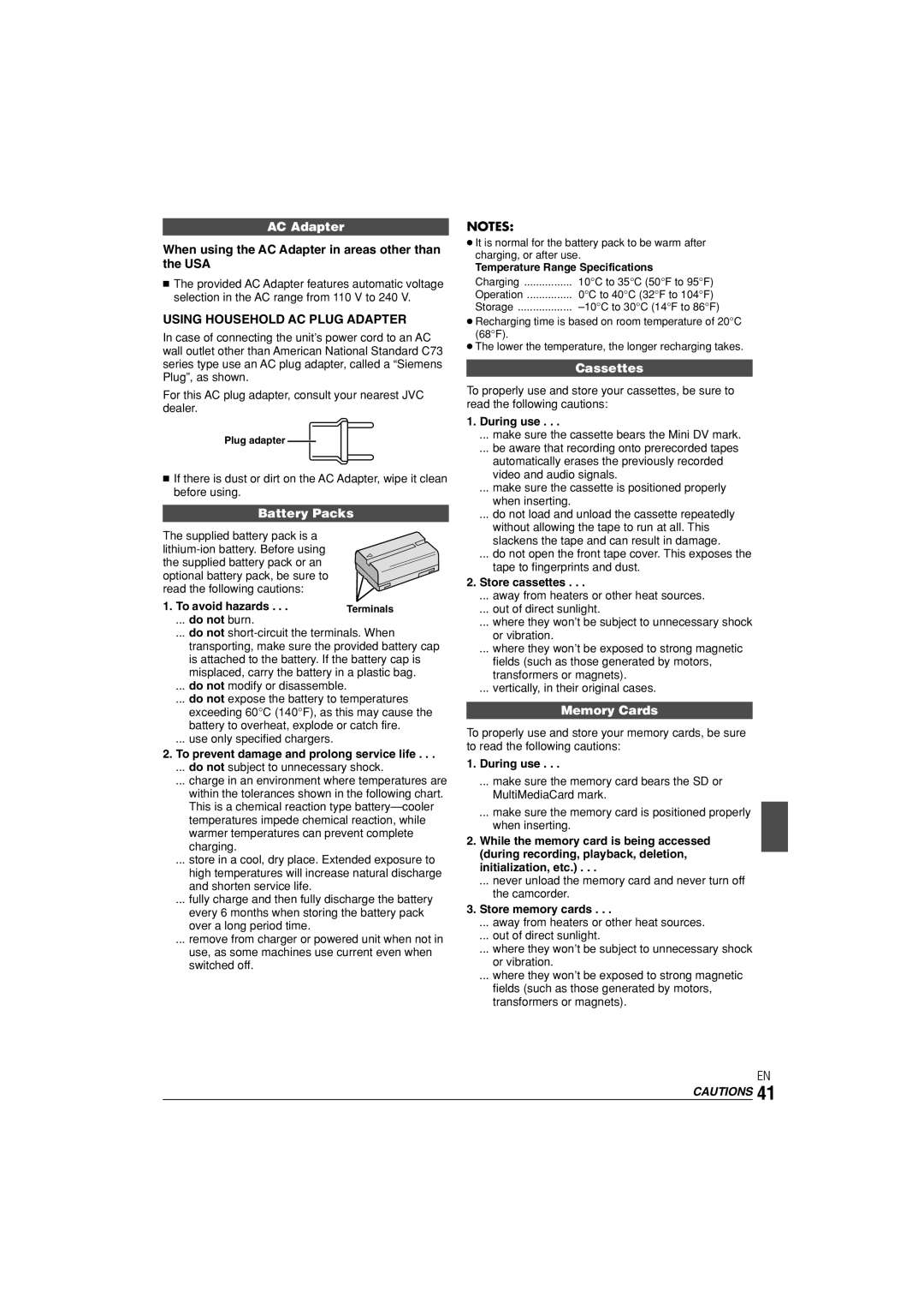 JVC GR-D90, GR-D70 instruction manual AC Adapter, Using Household AC Plug Adapter, Battery Packs, Cassettes, Memory Cards 