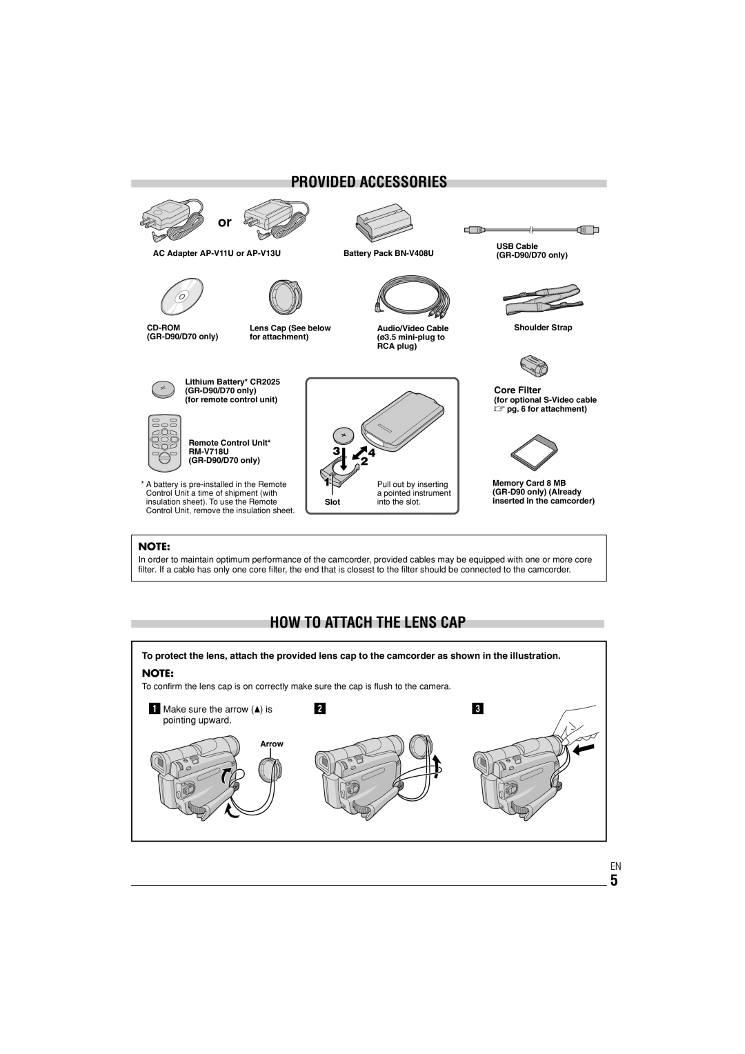 JVC GR-D90, GR-D70 instruction manual Core Filter, Make sure the arrow is Pointing upward 