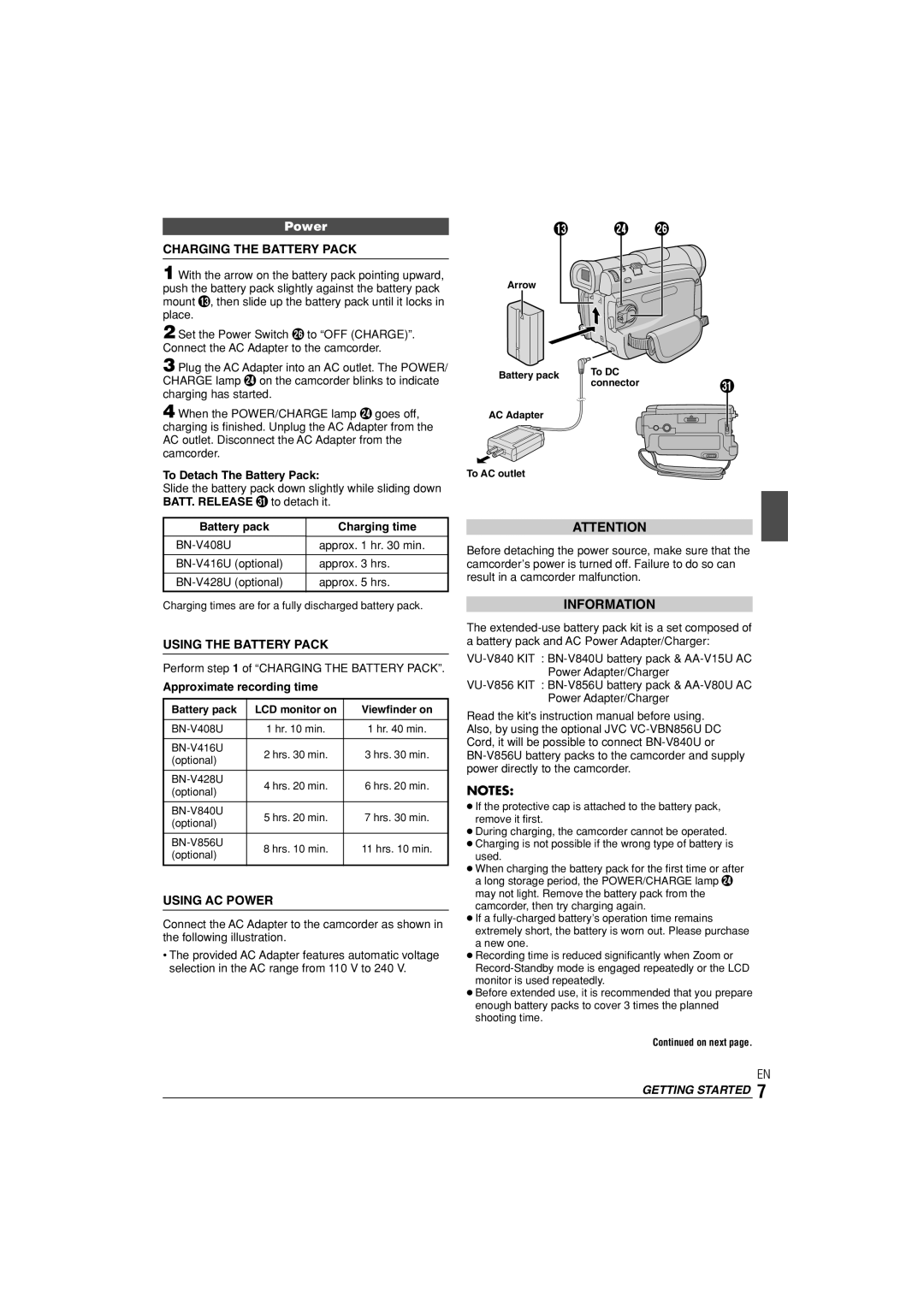 JVC GR-D90, GR-D70 instruction manual Charging the Battery Pack, Using the Battery Pack, Using AC Power, Information 