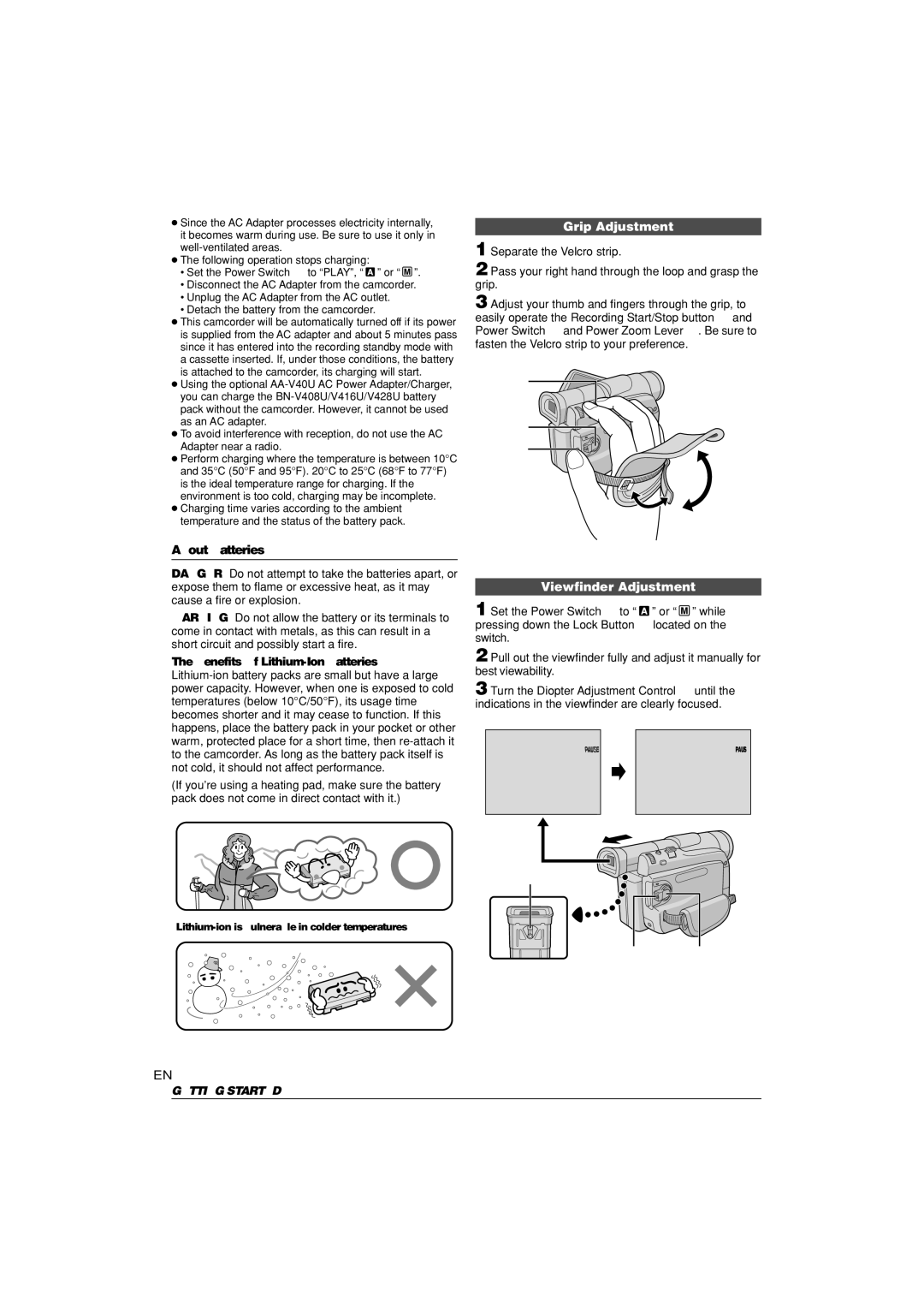 JVC GR-D70 Grip Adjustment, About Batteries, Viewfinder Adjustment, Lithium-ion is vulnerable in colder temperatures 