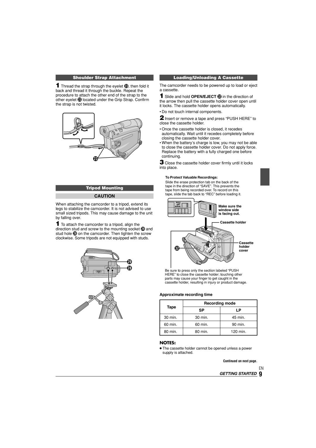 JVC GR-D90, GR-D70 instruction manual Shoulder Strap Attachment, Tripod Mounting, Loading/Unloading a Cassette 