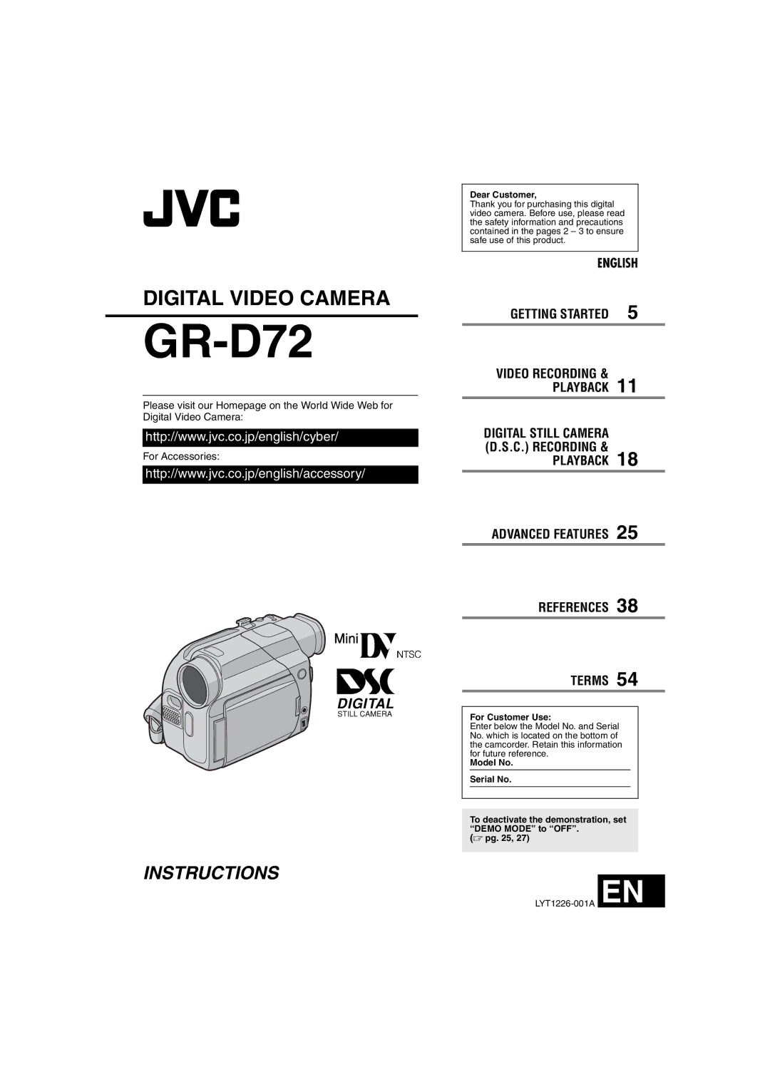 JVC GR-D72 manual Dear Customer, For Customer Use, LYT1226-001A EN 