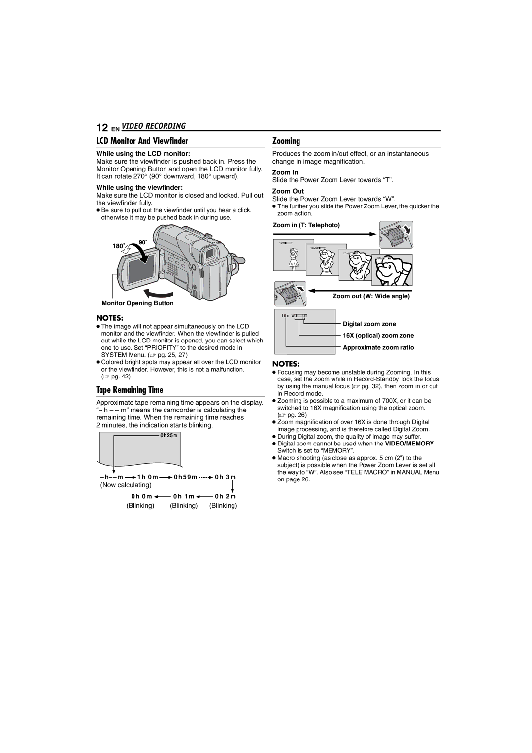 JVC GR-D72 manual EN Video Recording, Tape Remaining Time 