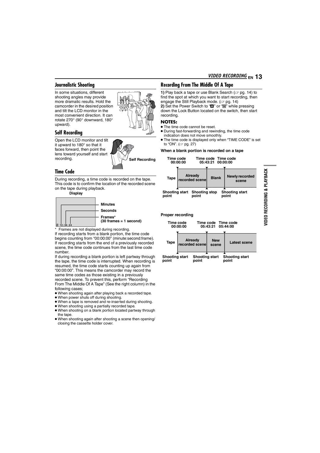 JVC GR-D72 manual Journalistic Shooting Recording From The Middle Of a Tape, Self Recording, Time Code, Video 