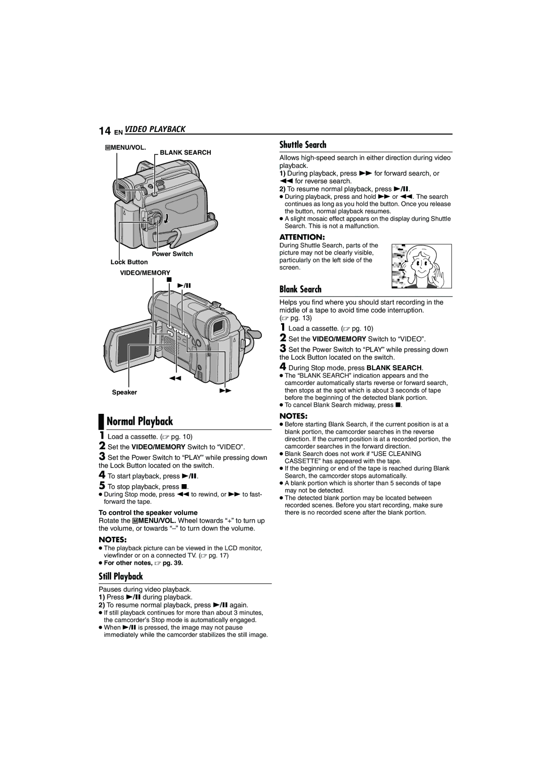 JVC GR-D72 manual Normal Playback, Shuttle Search, Blank Search, Still Playback, To control the speaker volume 