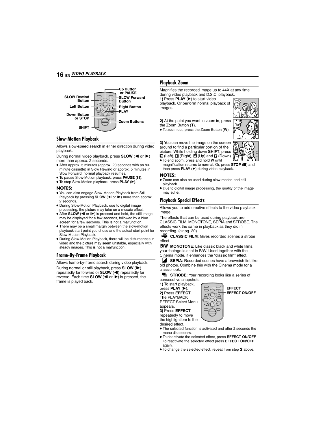 JVC GR-D72 manual EN Video Playback, Playback Zoom, Slow-Motion Playback, Frame-By-Frame Playback, Playback Special Effects 