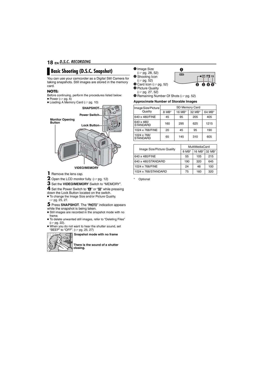 JVC GR-D72 manual EN D.S.C. Recording, Approximate Number of Storable Images 