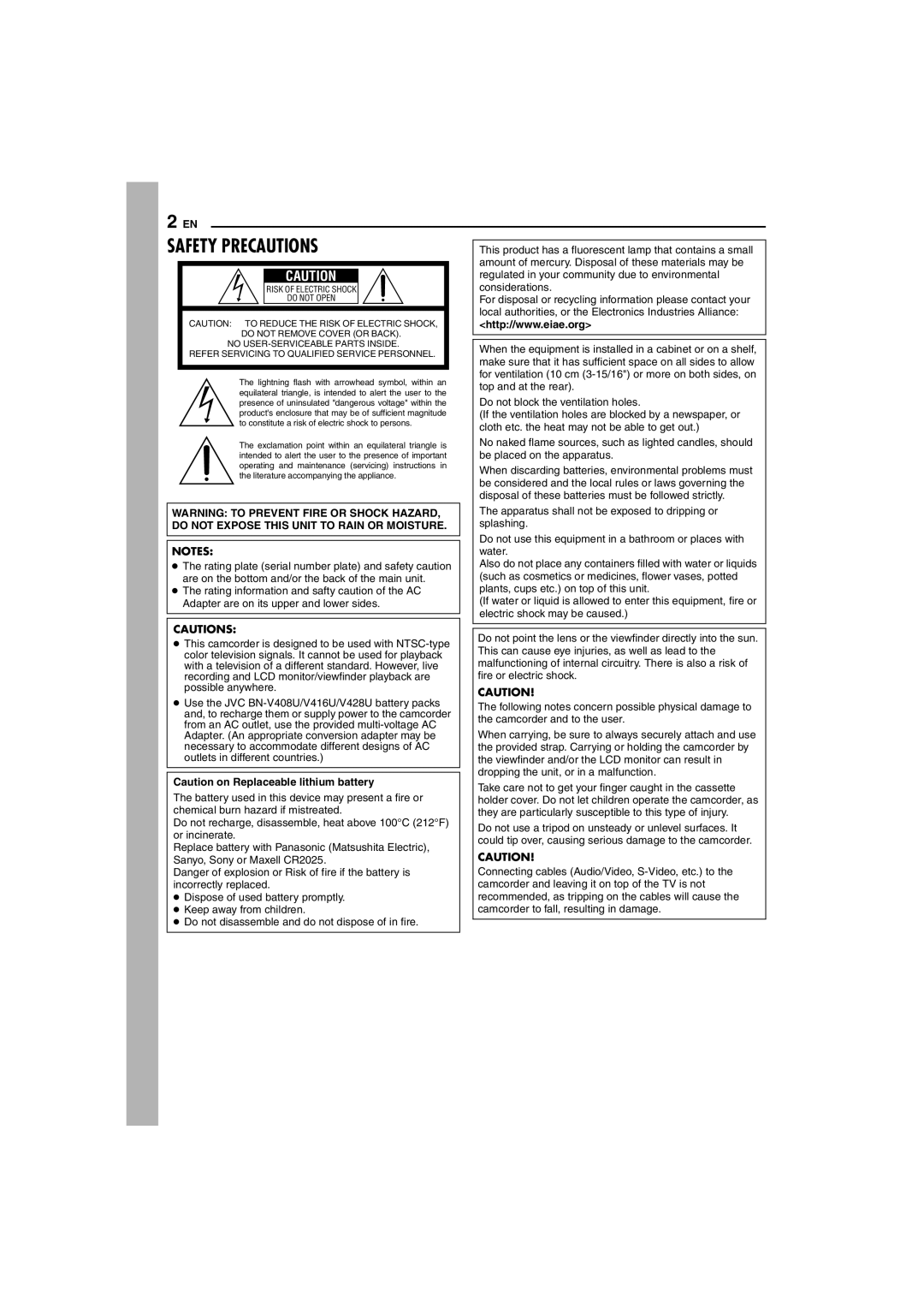 JVC GR-D72 manual Safety Precautions 