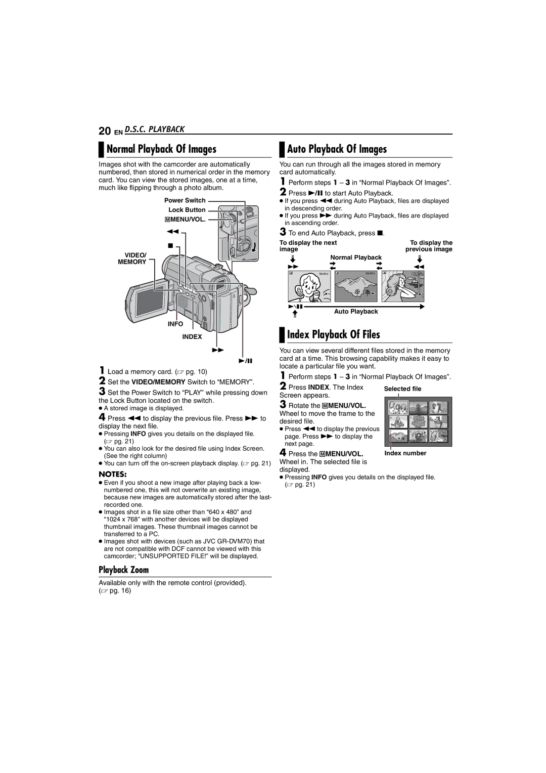 JVC GR-D72 manual Normal Playback Of Images, Auto Playback Of Images, Index Playback Of Files, EN D.S.C. Playback 