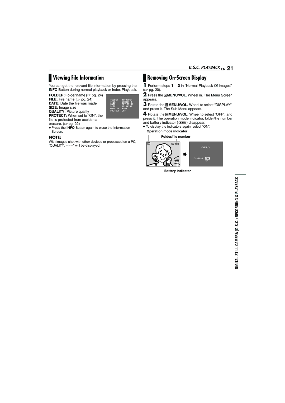 JVC GR-D72 manual Viewing File Information, Removing On-Screen Display, C. Playback EN, Battery indicator disappear 