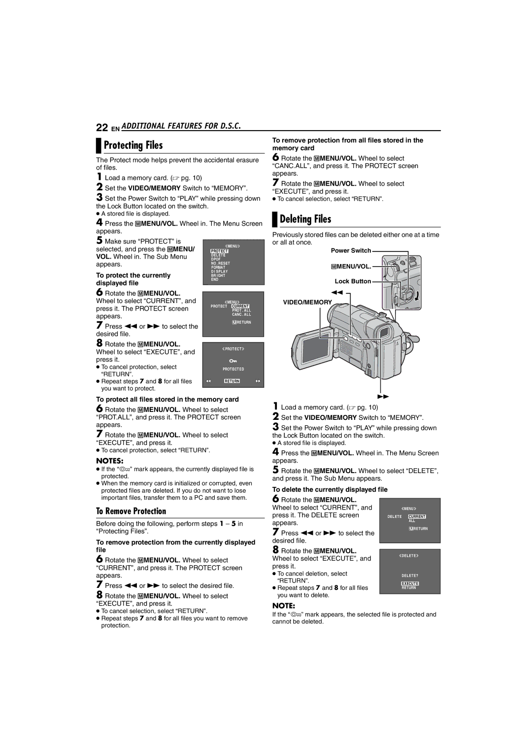 JVC GR-D72 manual Protecting Files, Deleting Files, EN Additional Features for D.S.C, To Remove Protection 