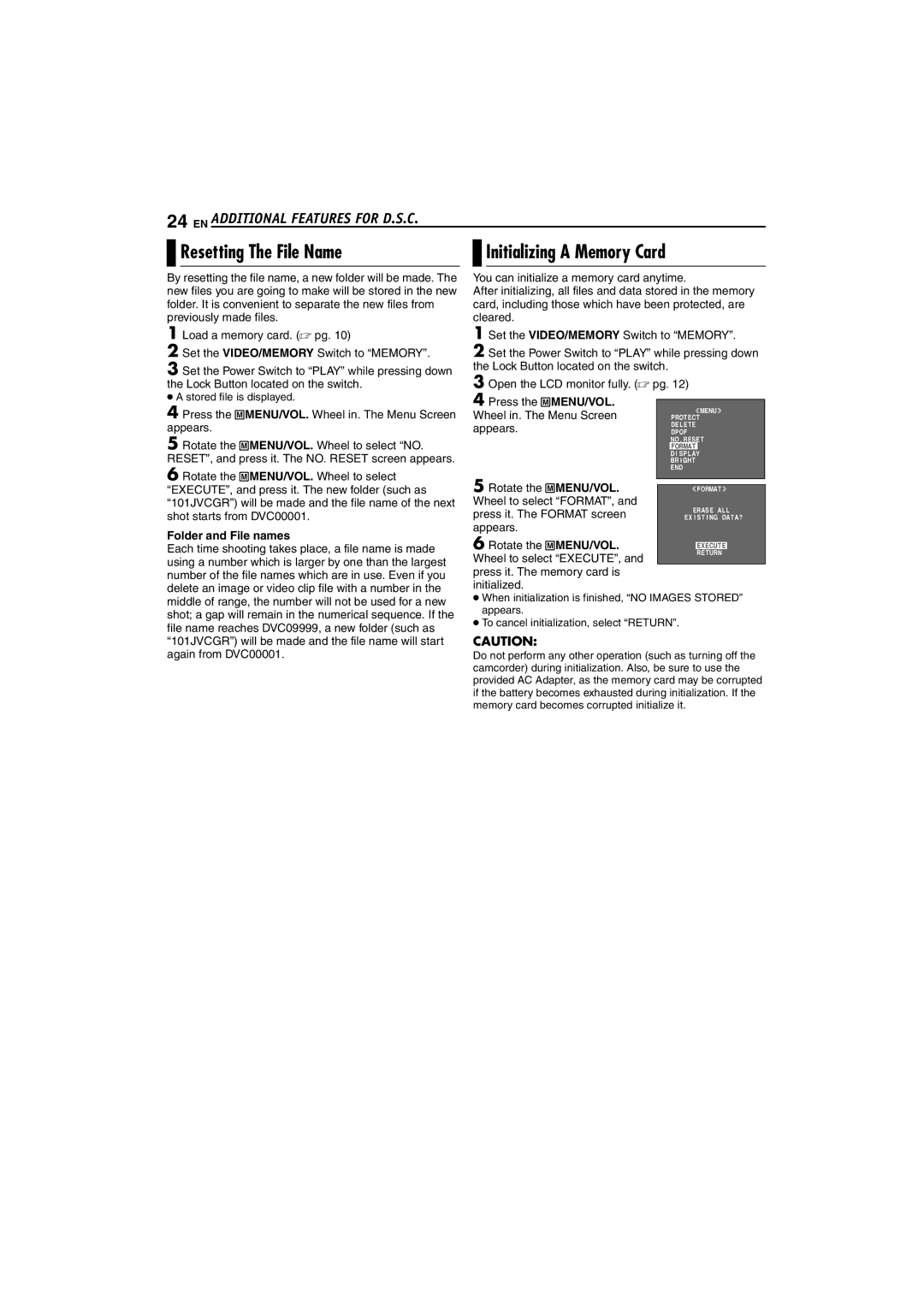 JVC GR-D72 Resetting The File Name, Initializing a Memory Card, Folder and File names, Open the LCD monitor fully.  pg 