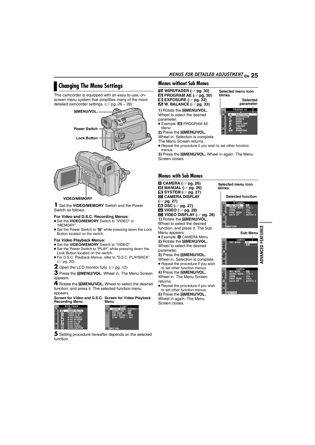 JVC GR-D72 manual Changing The Menu Settings, Menus without Sub Menus, Menus with Sub Menus, Features, Advanced 