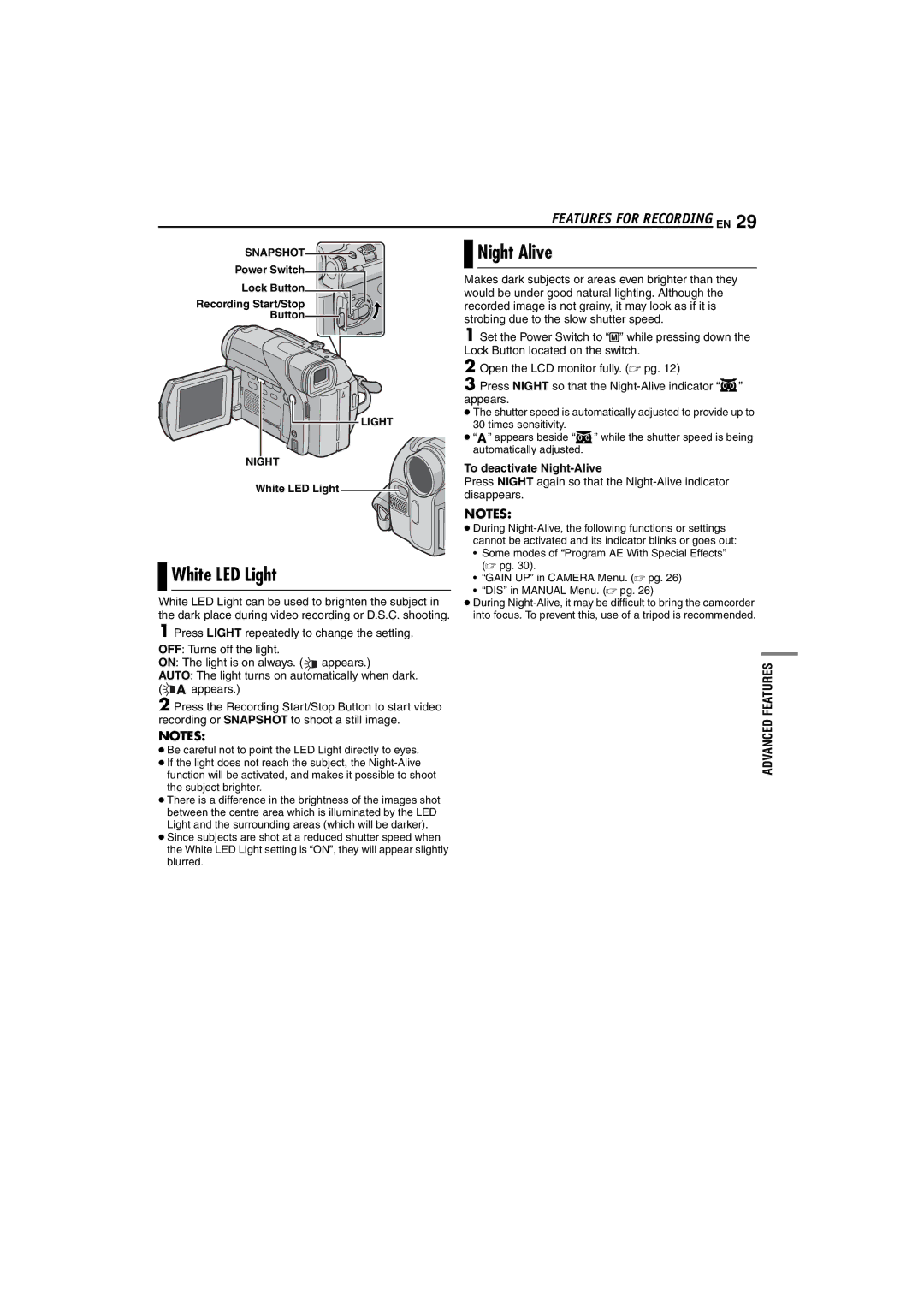 JVC GR-D72 manual Night Alive, White LED Light, To deactivate Night-Alive 