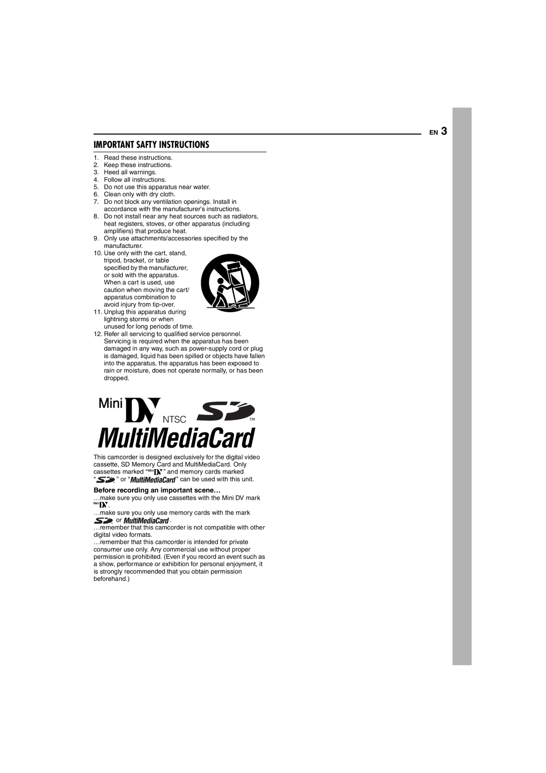 JVC GR-D72 manual Important Safty Instructions, Before recording an important scene… 