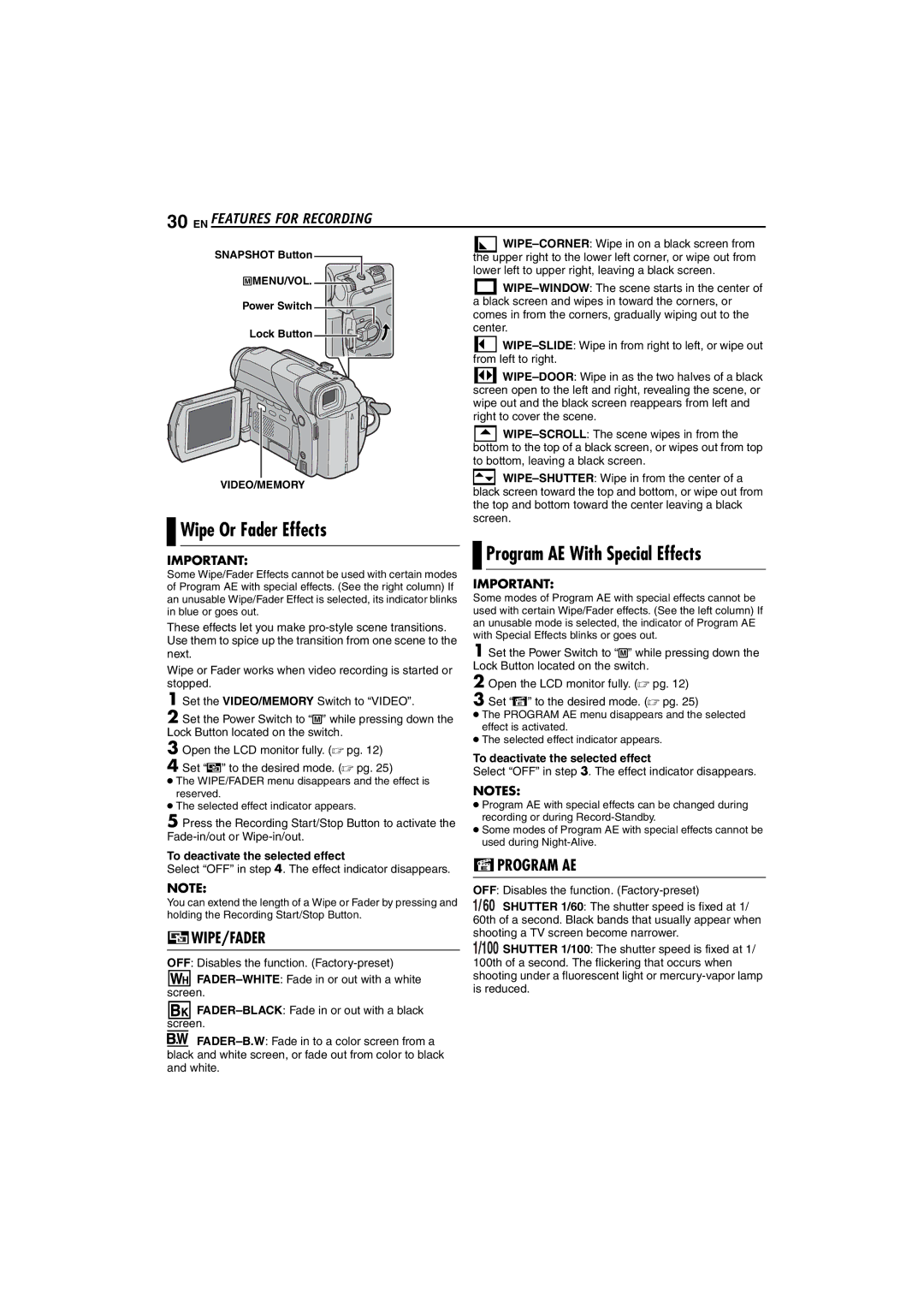 JVC GR-D72 manual Wipe Or Fader Effects, Program AE With Special Effects, EN Features for Recording 