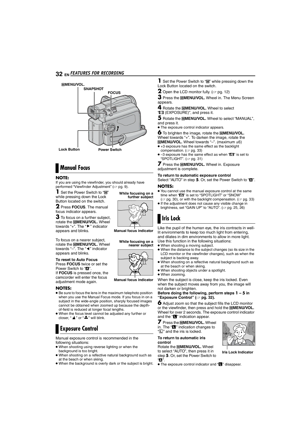 JVC GR-D72 manual Manual Focus, Iris Lock, Exposure Control, To return to automatic exposure control 