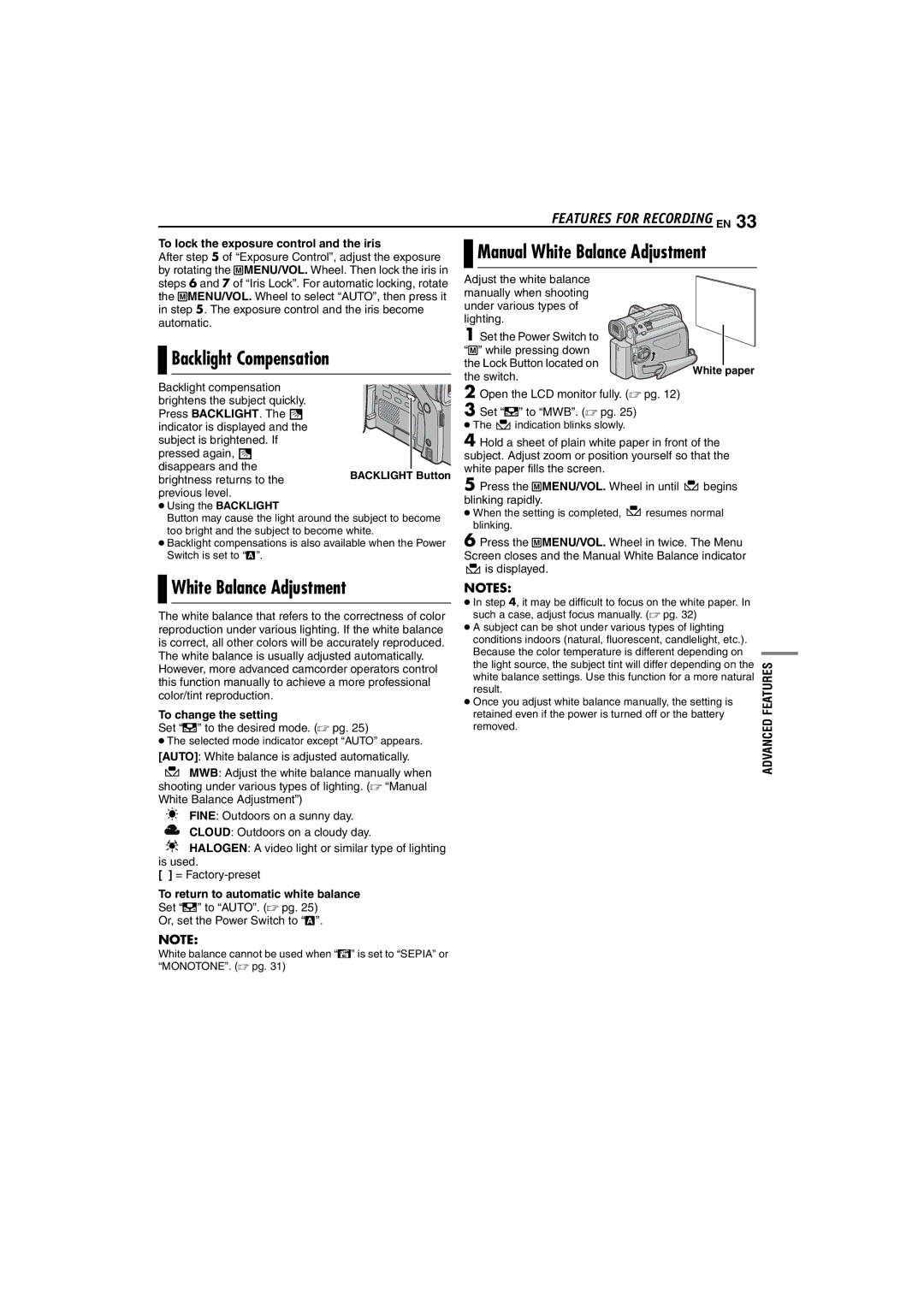 JVC GR-D72 manual To lock the exposure control and the iris, To change the setting, To return to automatic white balance 