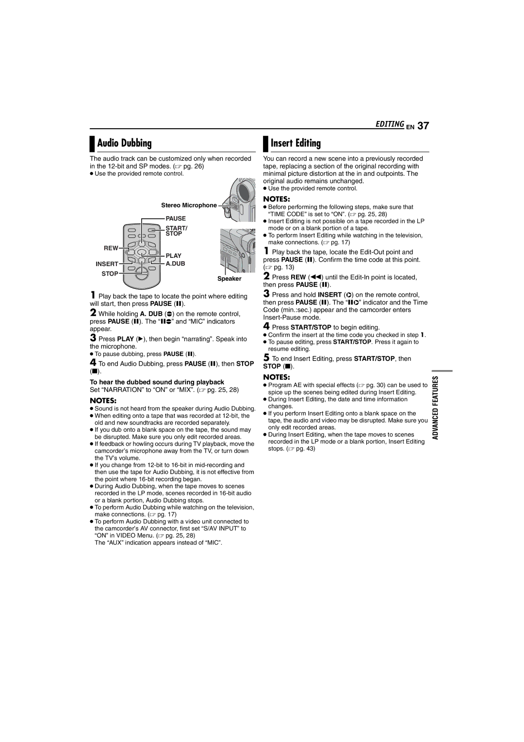 JVC GR-D72 manual Audio Dubbing, Insert Editing, Editing EN, Set Narration to on or MIX.  pg 