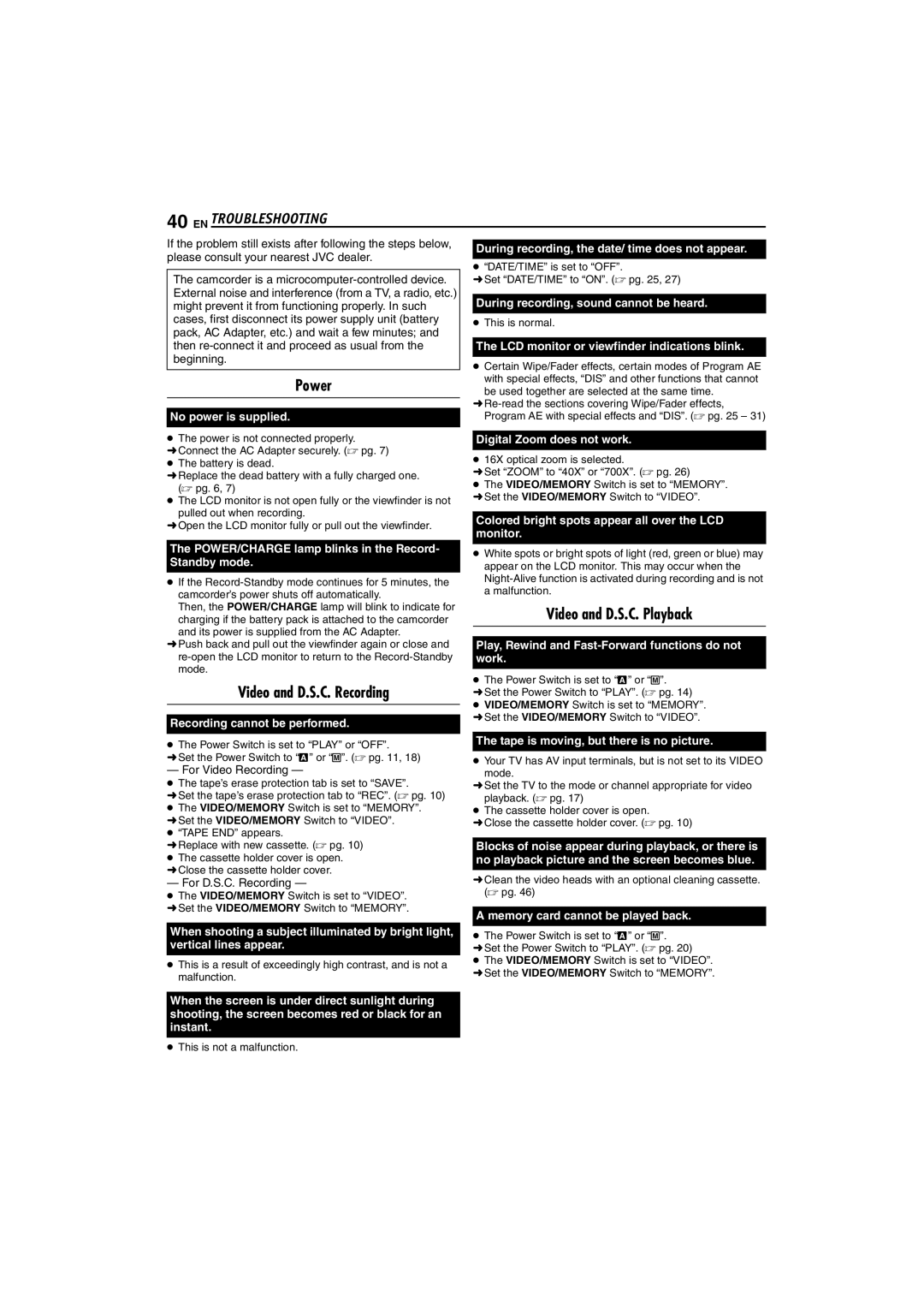 JVC GR-D72 manual EN Troubleshooting, Power, Video and D.S.C. Recording, Video and D.S.C. Playback 