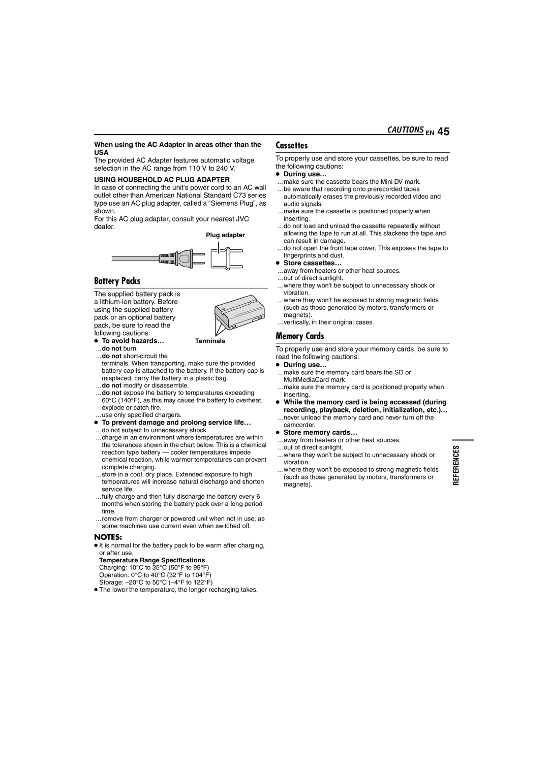 JVC GR-D72 manual Cassettes, Battery Packs, Memory Cards, Usa, Using Household AC Plug Adapter 