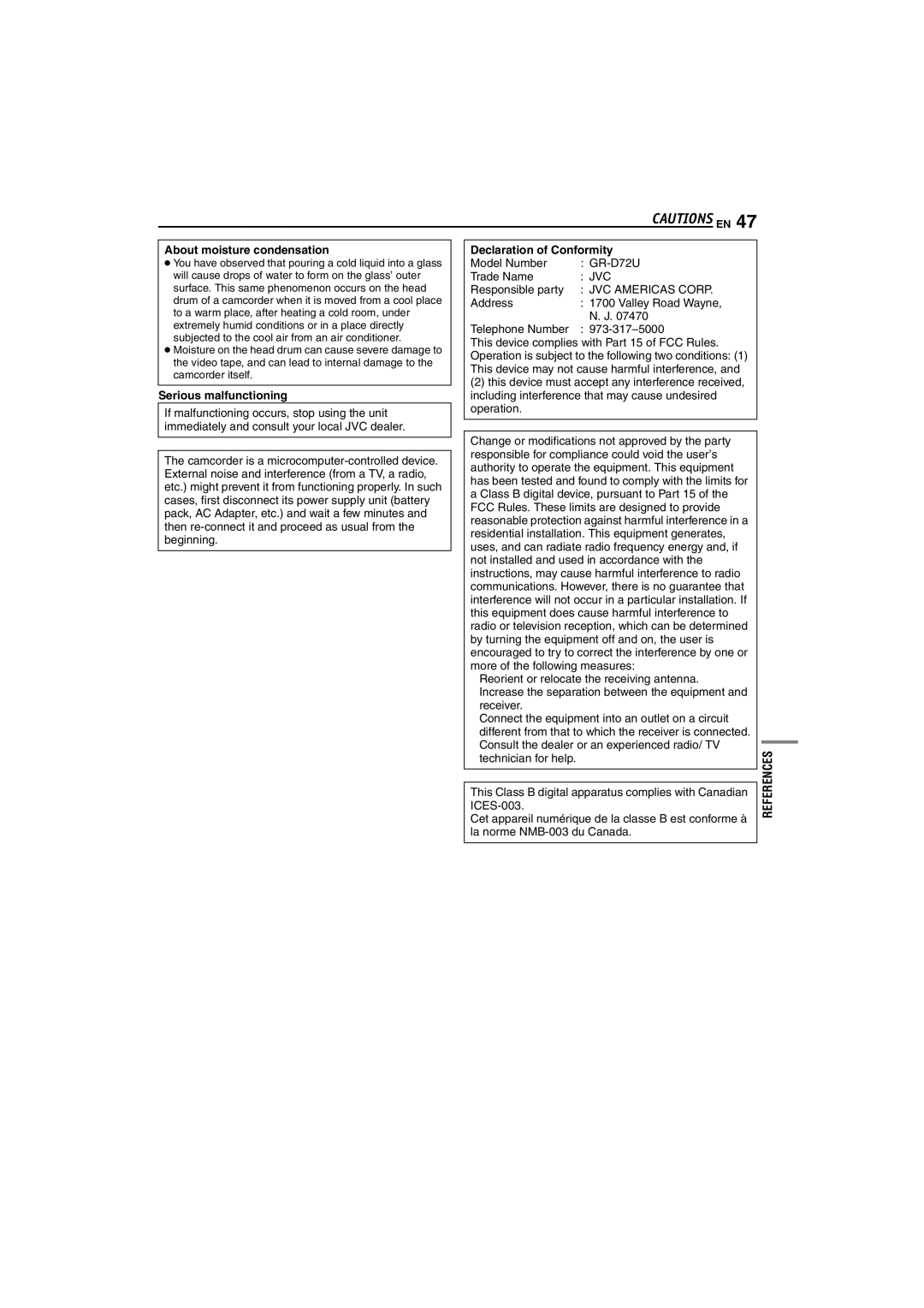 JVC GR-D72 manual About moisture condensation, Serious malfunctioning, Declaration of Conformity 