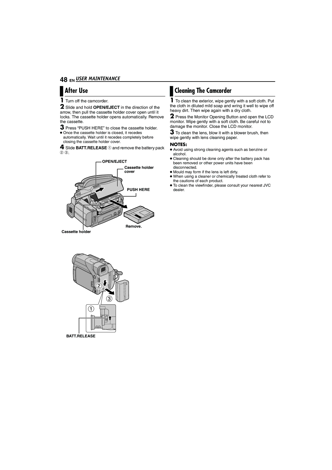 JVC GR-D72 manual After Use, Cleaning The Camcorder, EN User Maintenance, Slide BATT.RELEASE 1 and remove the battery pack 